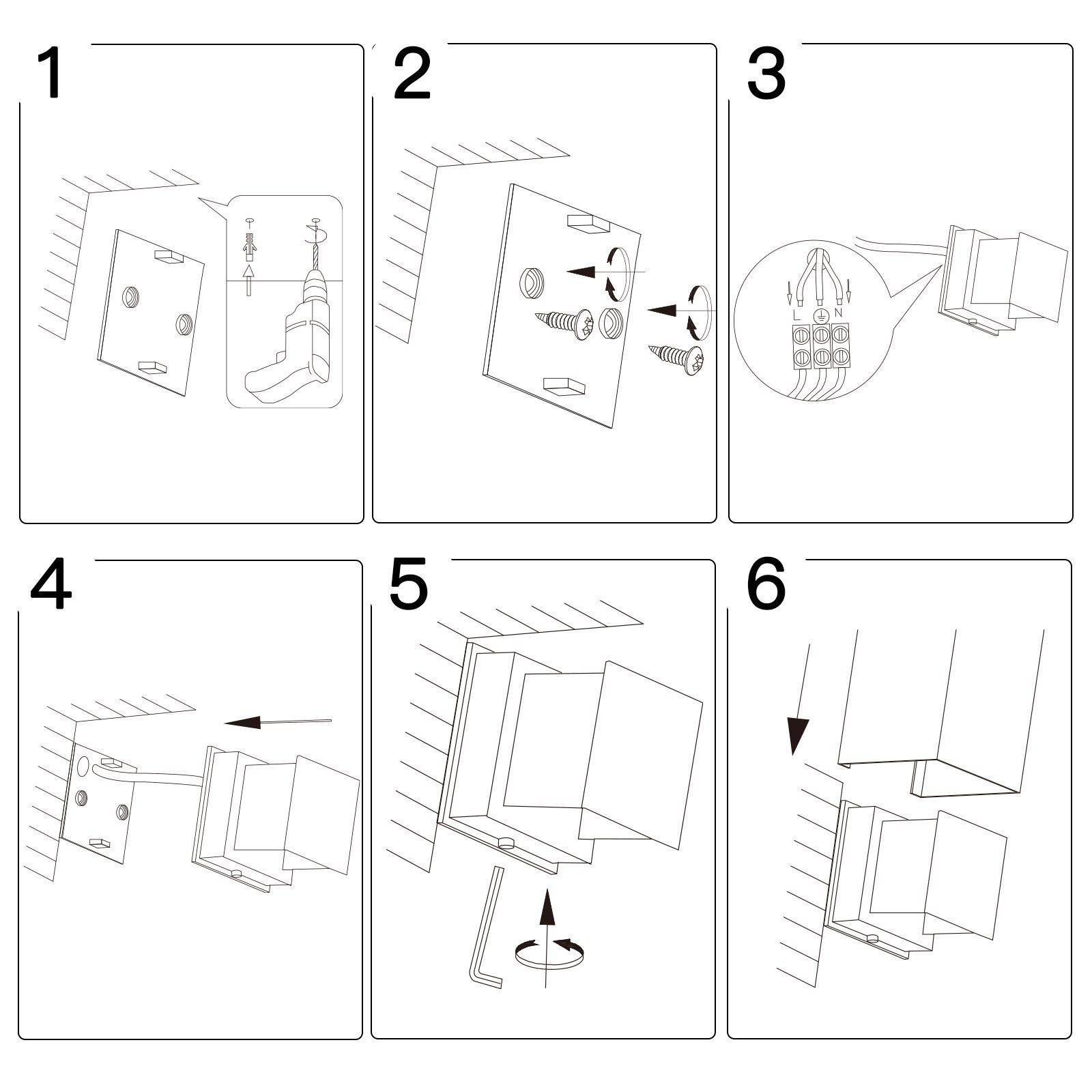 Instrukcje krok po kroku dotyczące instalacji oprawy oświetleniowej. Zawiera diagramy różnych etapów montażu.