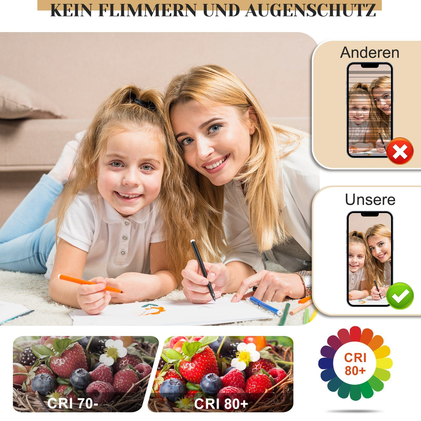 Matka i córka rysują. Porównanie ekranu smartfona pokazuje dobrą i złą jakość światła.