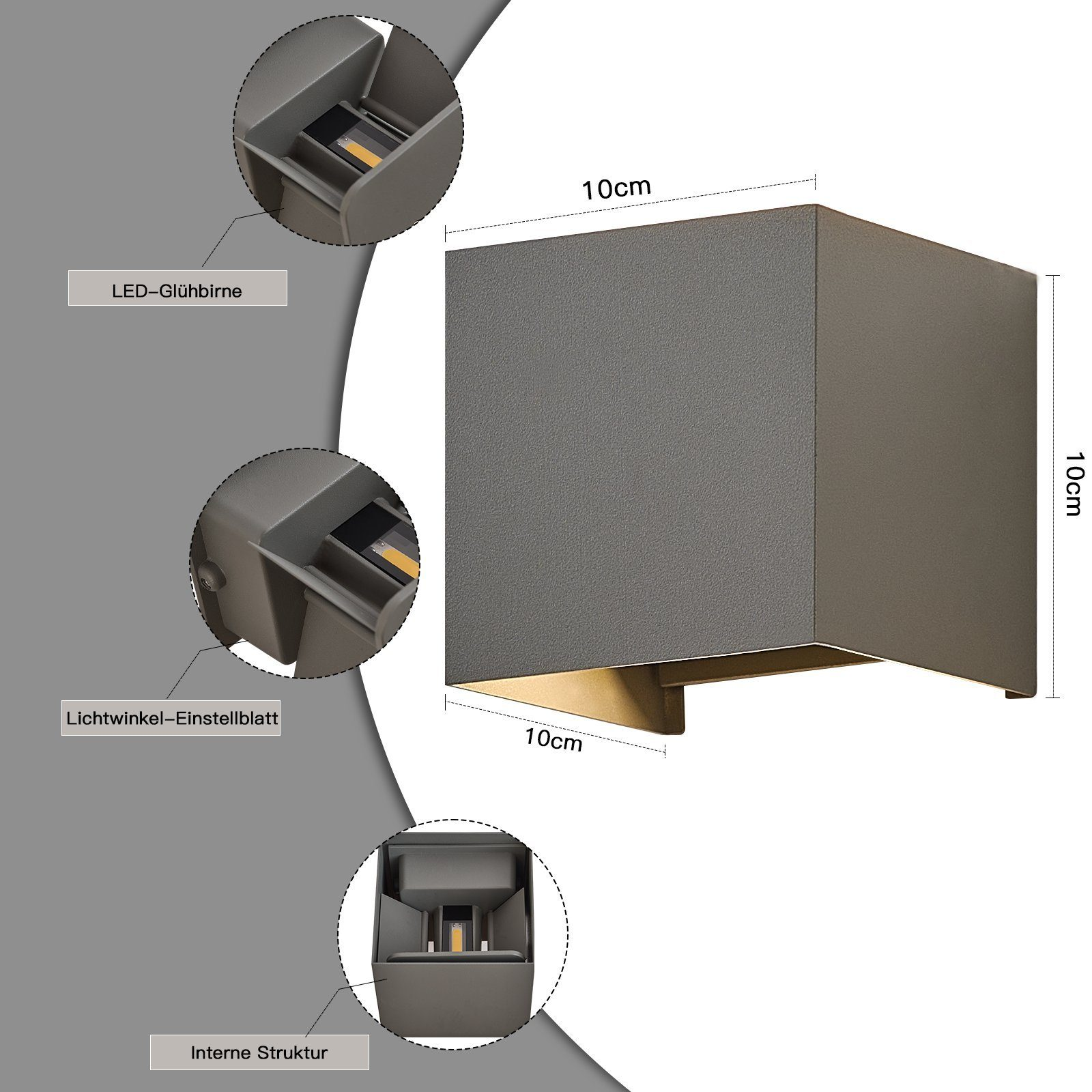Szara kwadratowa oprawa LED z informacjami o wymiarach i szczegółami struktury wewnętrznej.