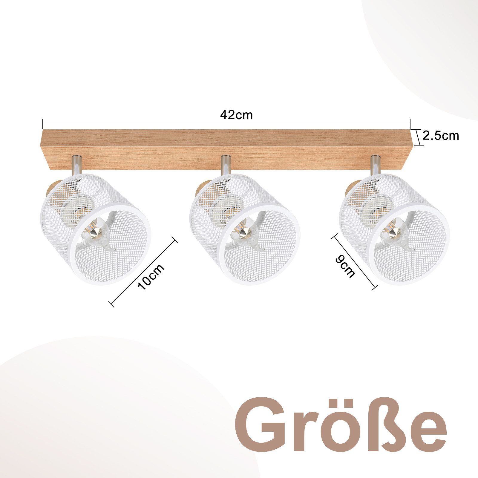 Drewniana belka z trzema białymi metalowymi światłami siatkowymi. Oznaczone wymiary świateł.