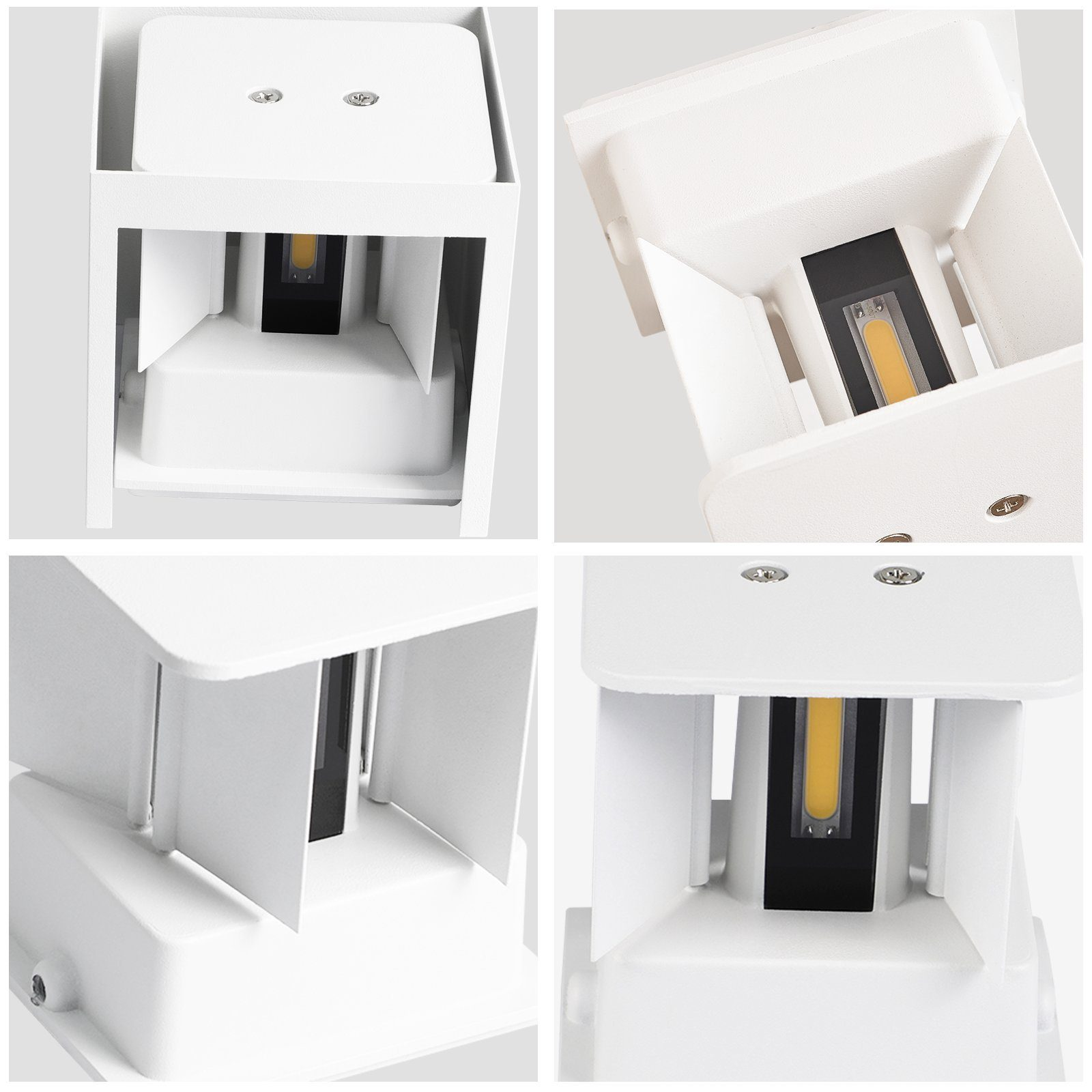 Zbliżenie białej oprawy oświetleniowej zewnętrznej. Pokazuje różne kąty i elementy.