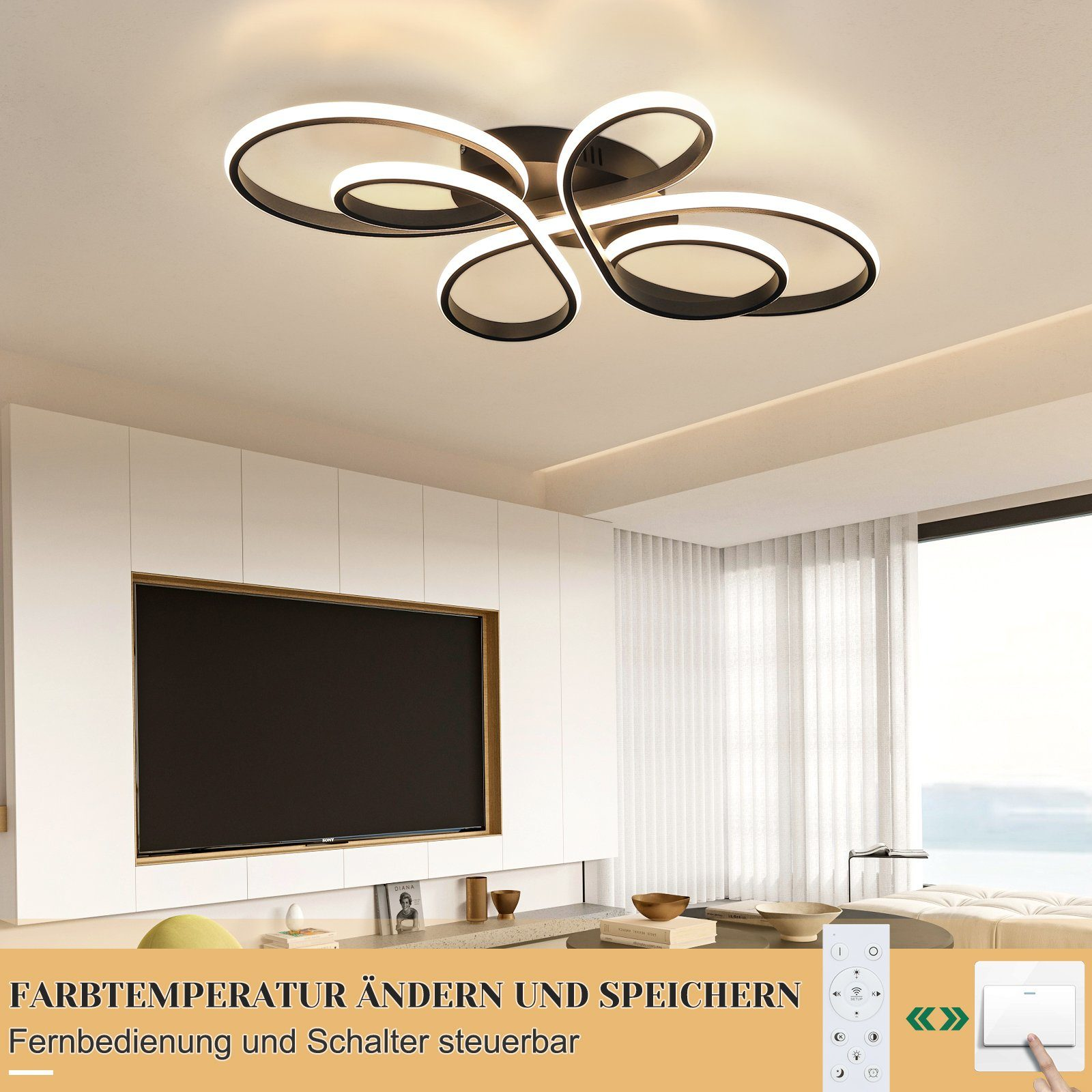 Nowoczesna lampa sufitowa z pilotem i włącznikiem.