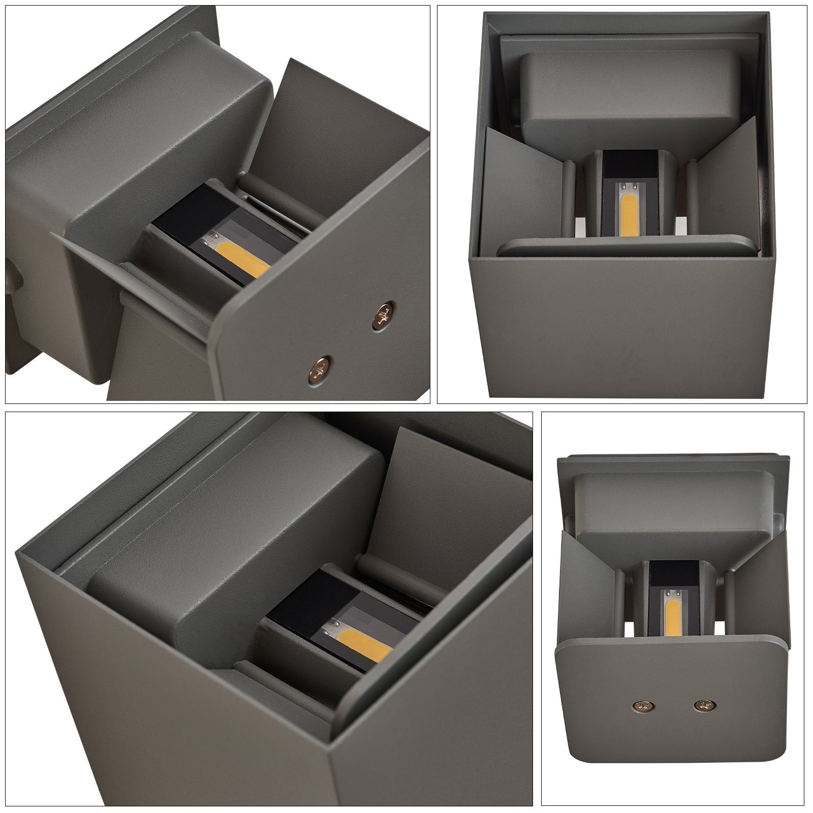 Szara, kątowa lampa ścienna z czarnym i żółtym źródłem światła pośrodku. Pokazano kilka widoków.