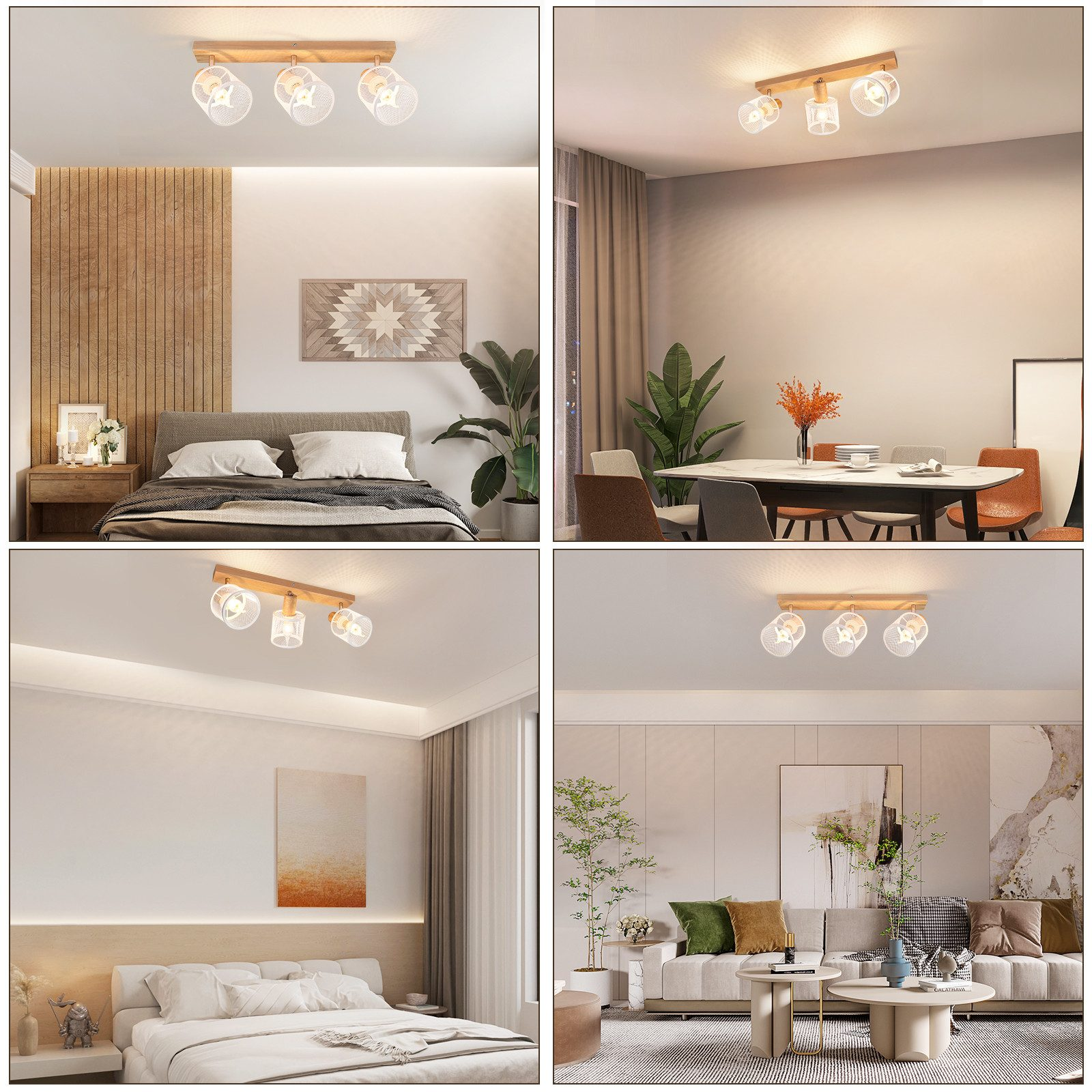 Wiele scen we wnętrzach pokazujących lampy sufitowe z drewnianymi belkami i szklanymi kloszami, w różnych pomieszczeniach z różnym wystrojem.