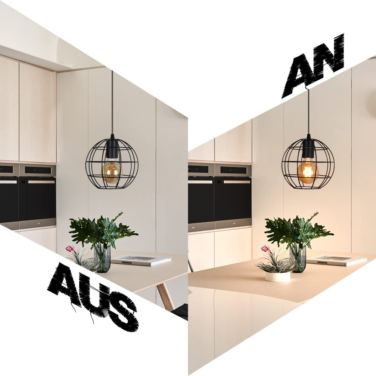 Dwa zdjęcia czarnej metalowej lampy wiszącej w kształcie kuli w kuchni, z napisami 'AUS' i 'AN'.