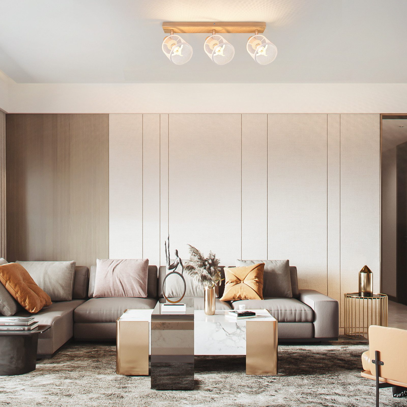 Salon z sofą, stolikiem kawowym i lampą sufitową.