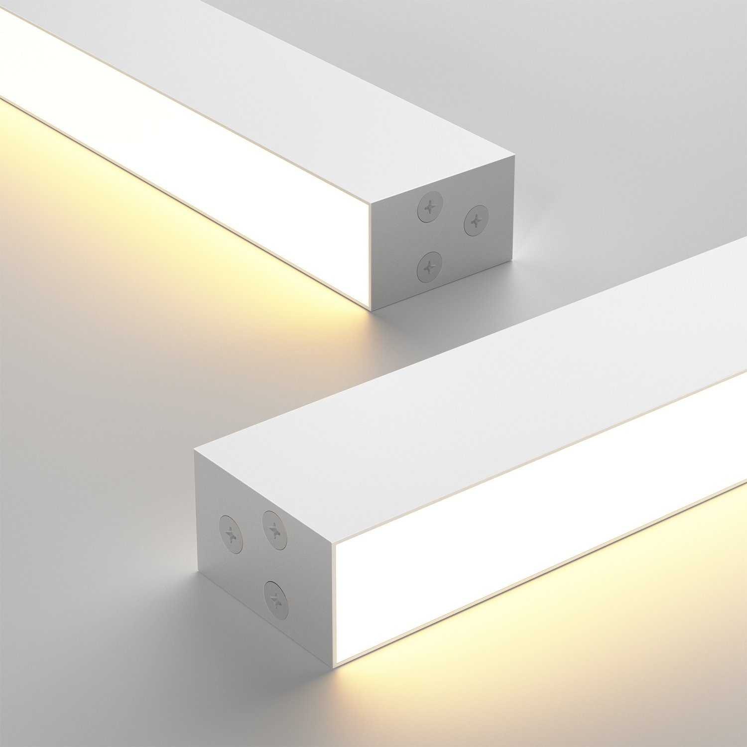 Dwa białe prostokątne światła LED z bliskim widokiem na końce, pokazujące śruby.