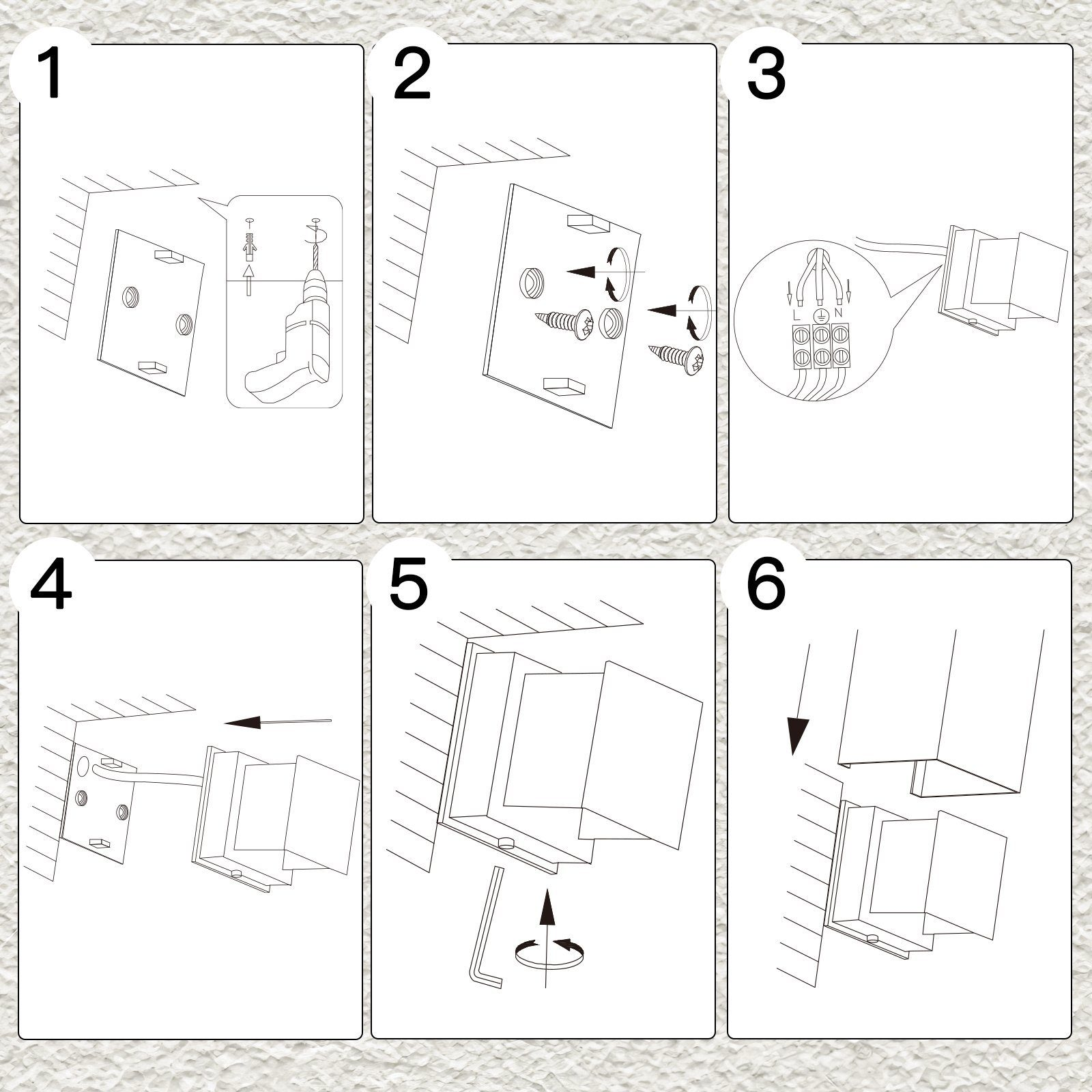Sześciostopniowa instrukcja instalacji oprawy oświetleniowej. Obejmuje wiercenie, wkręcanie i podłączanie przewodów.