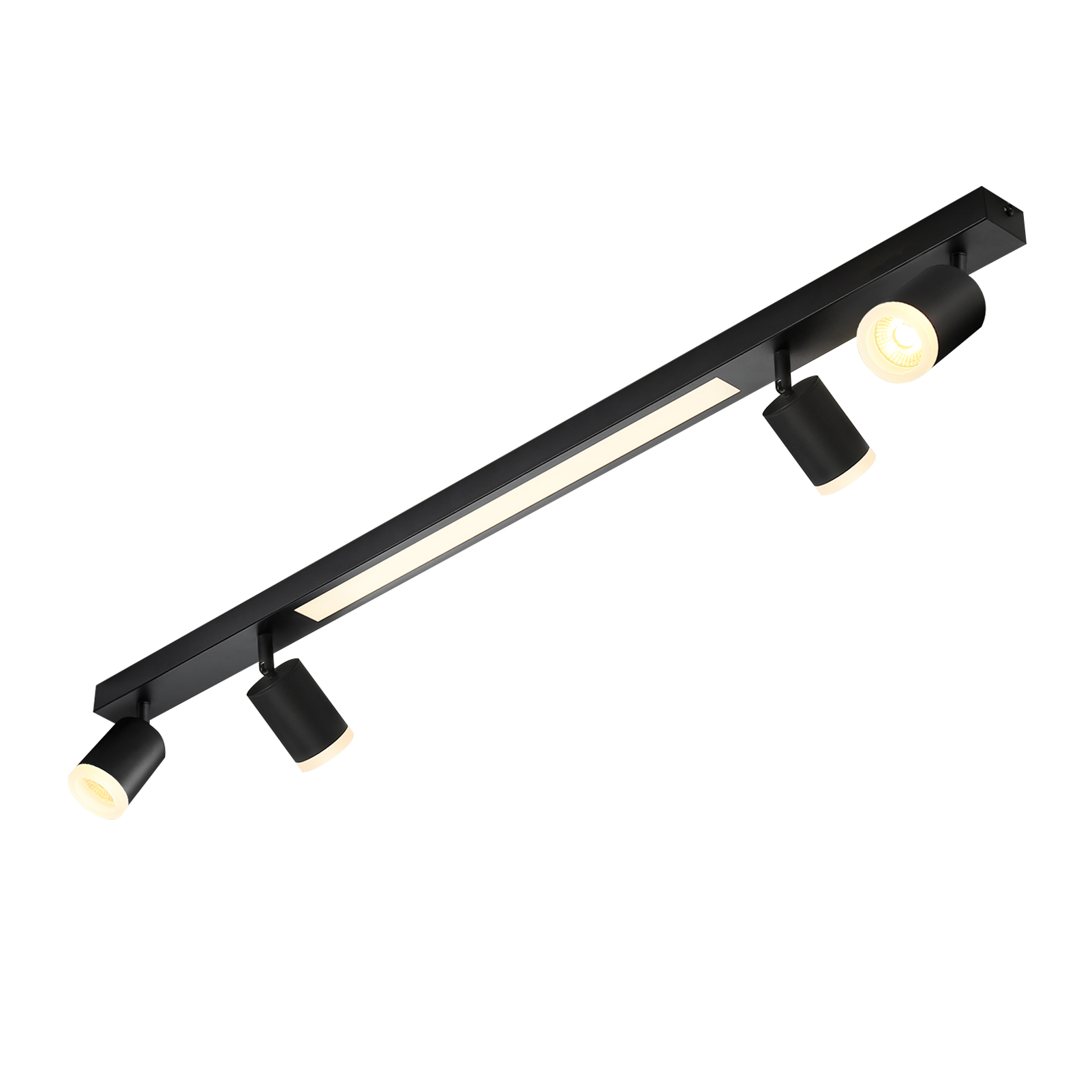 Czarna lampa szynowa z czterema regulowanymi reflektorami. Ma białe światło.