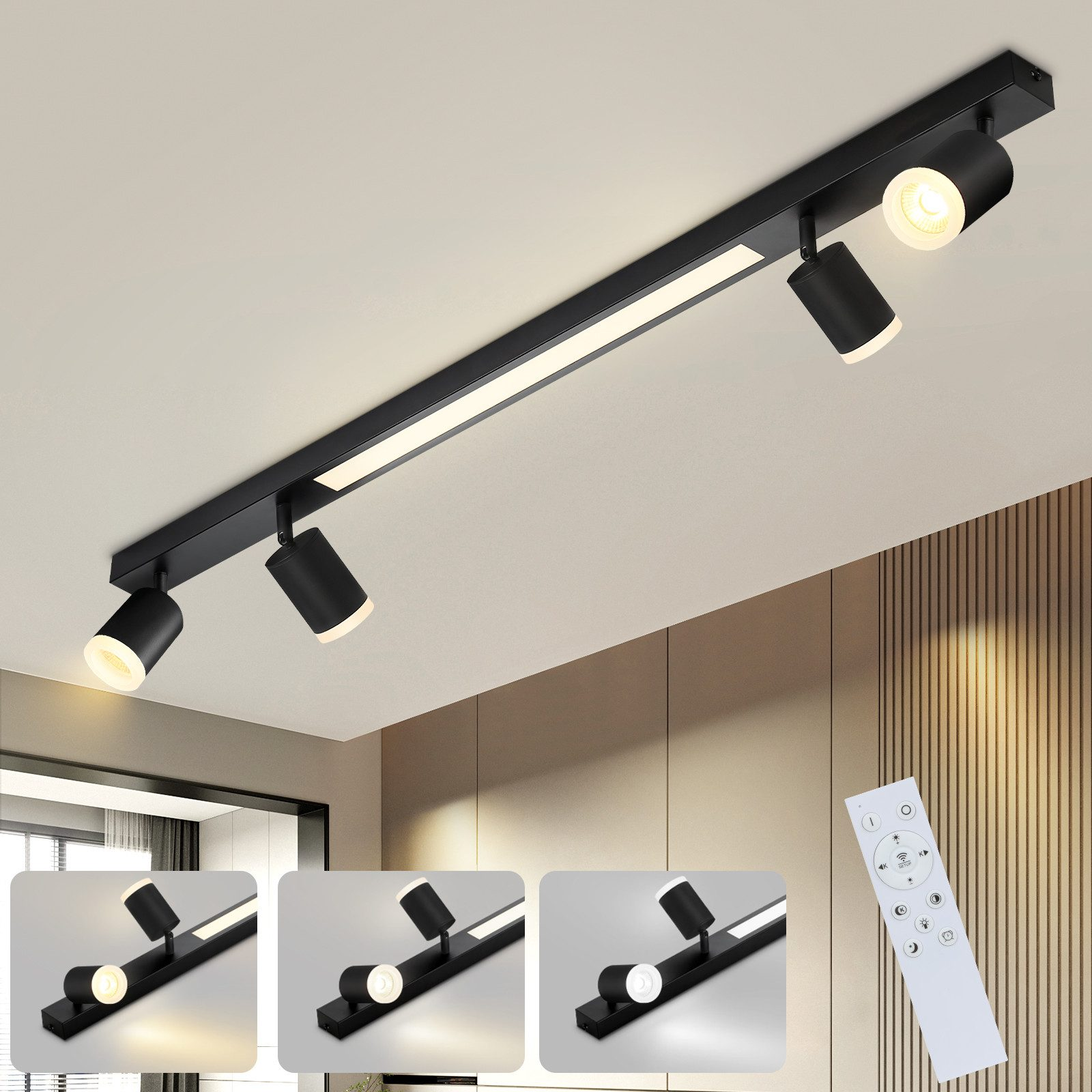 Sufit z wieloma oprawami reflektorowymi i pilotem.