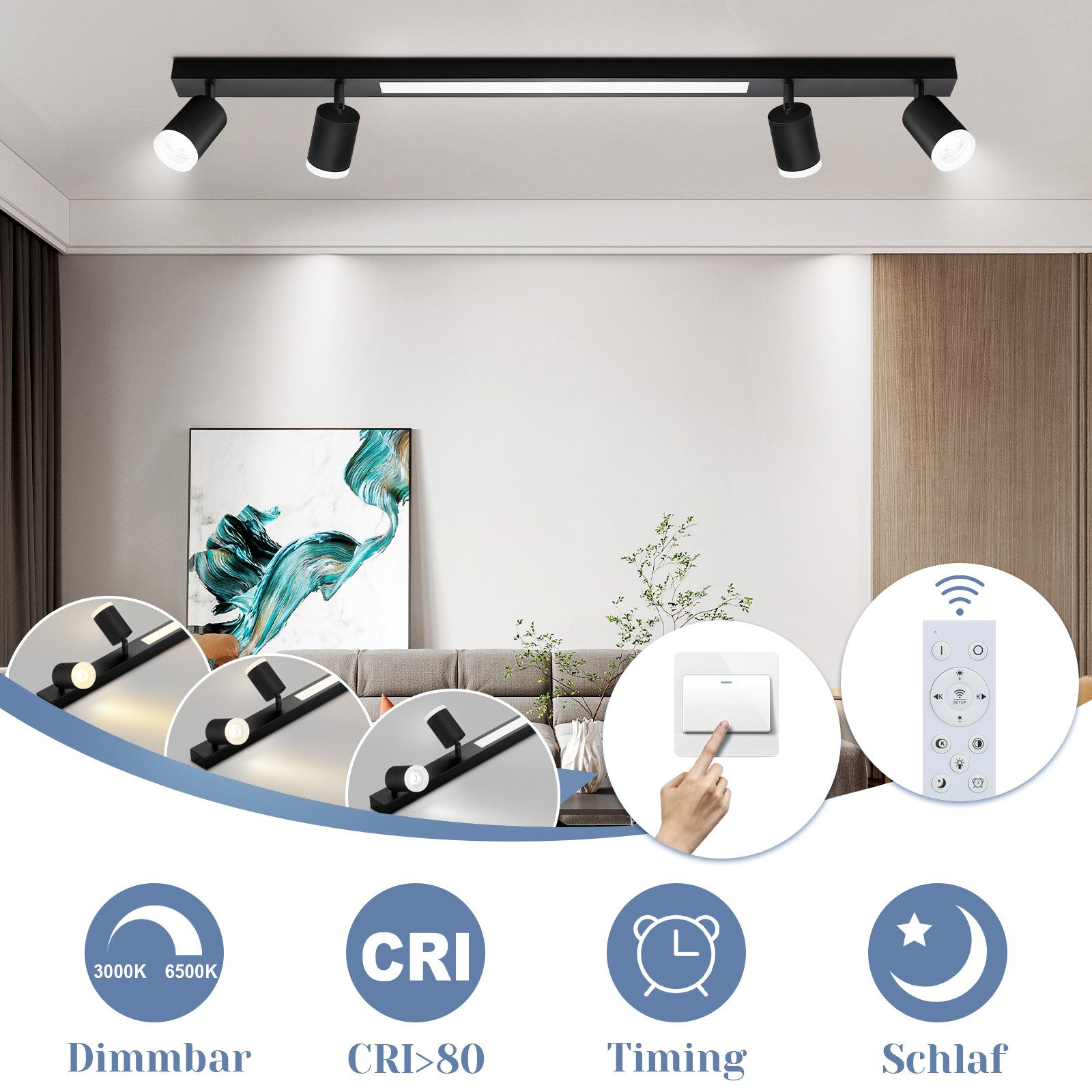 System oświetlenia szynowego z regulowanymi reflektorami i opcjami sterowania, z diagramami objaśniającymi.