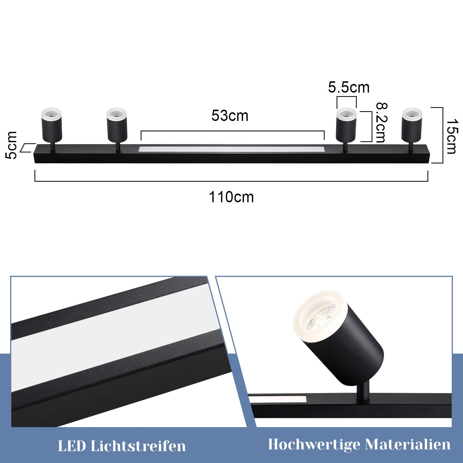 Czarny liniowy oprawa oświetleniowa z czterema regulowanymi światłami i wymiarami na białym tle.