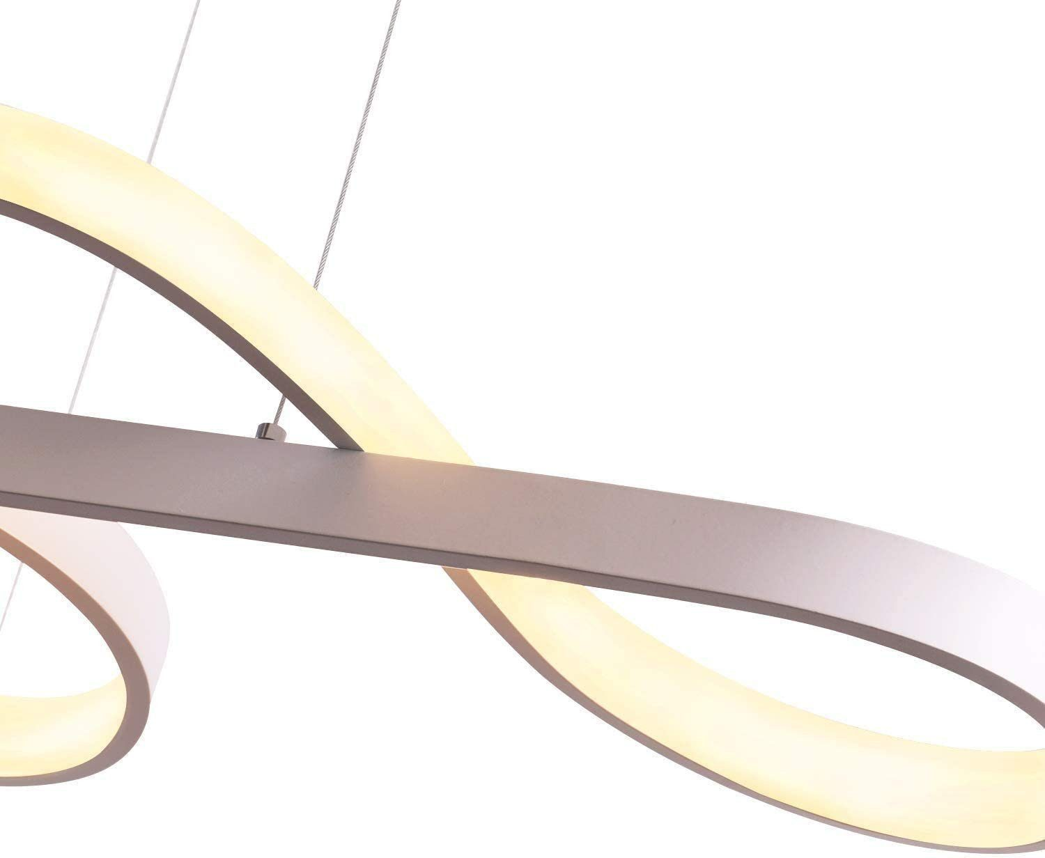 Abstrakcyjna, zakrzywiona, podświetlana oprawa oświetleniowa, z białym tłem, tworząca nowoczesną estetykę.