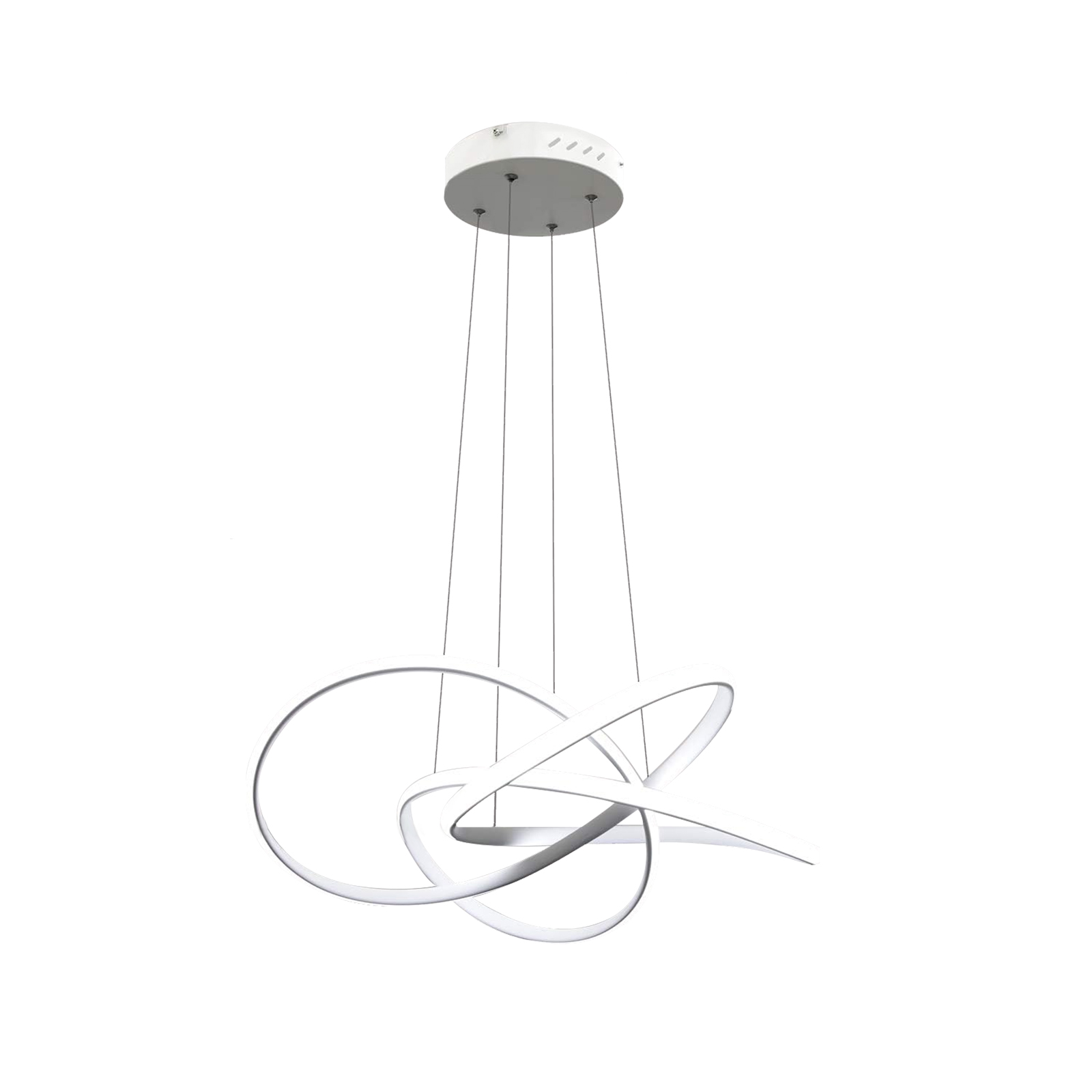 Nowoczesna biała lampa wisząca z trzema splecionymi pierścieniami.