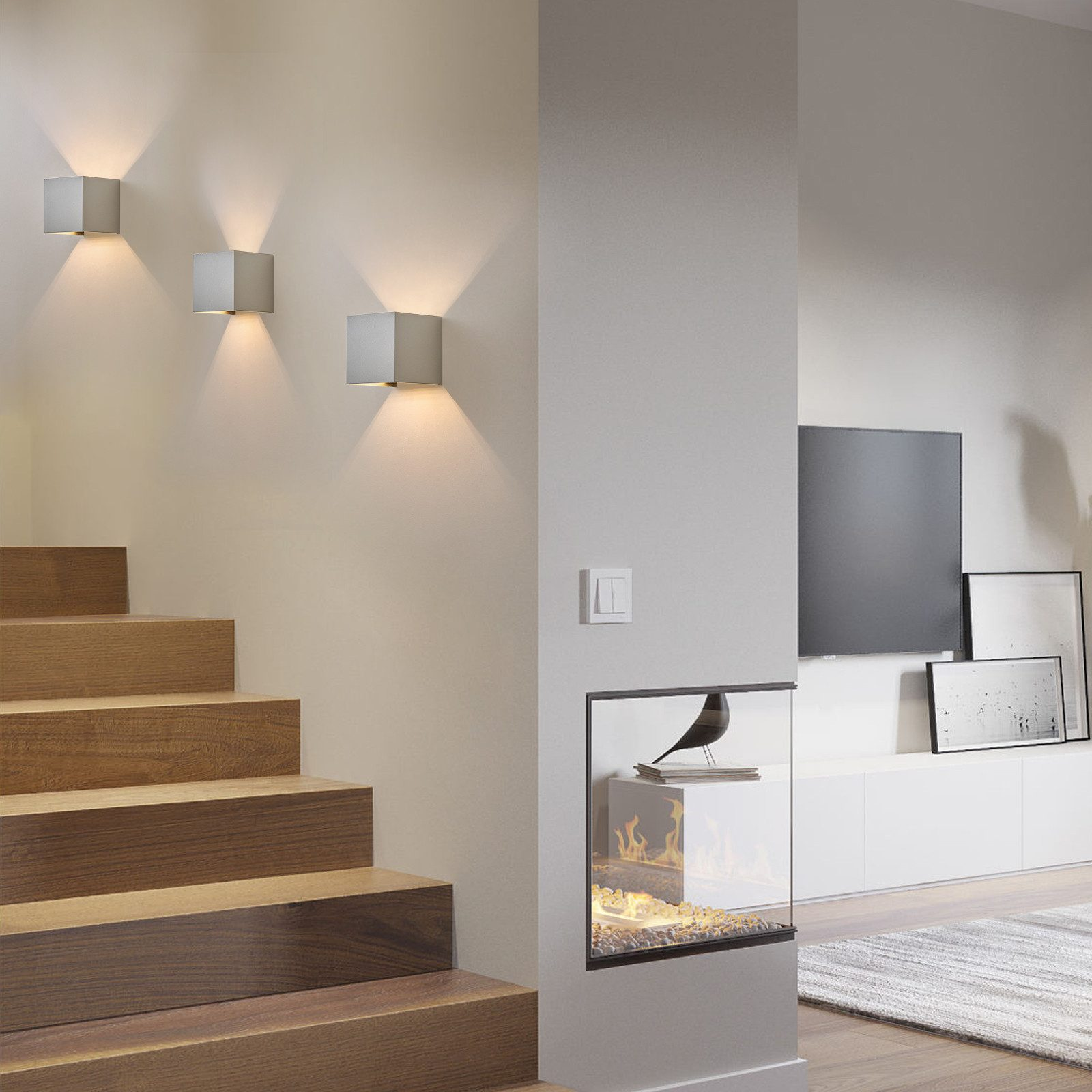 Modernes Wohninterieur mit Treppe, Wandleuchten, Kamin und Kunstwerken.