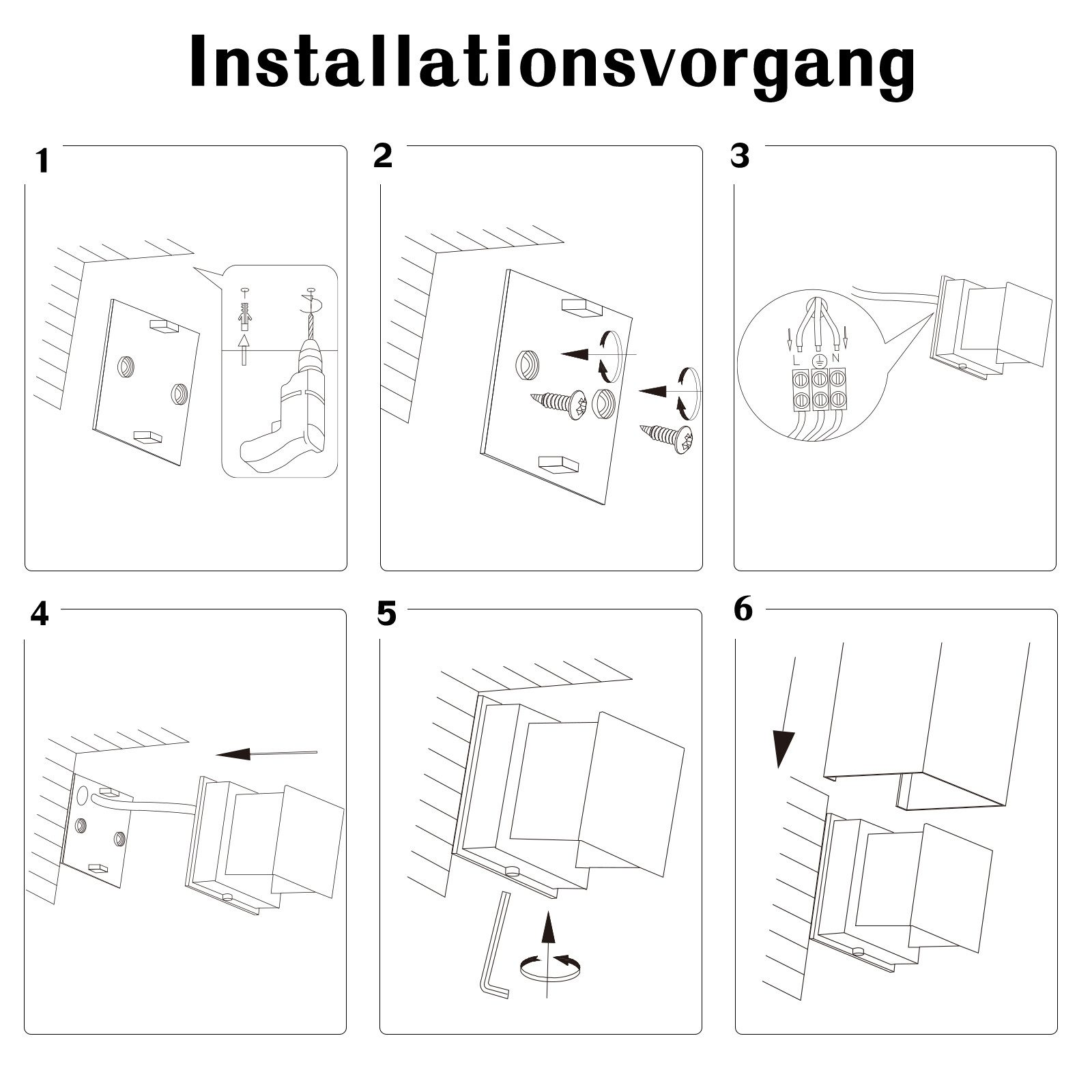 Sześć kroków pokazuje, jak zainstalować produkt na ścianie. Obejmuje wiercenie, wkręcanie i dopasowywanie.