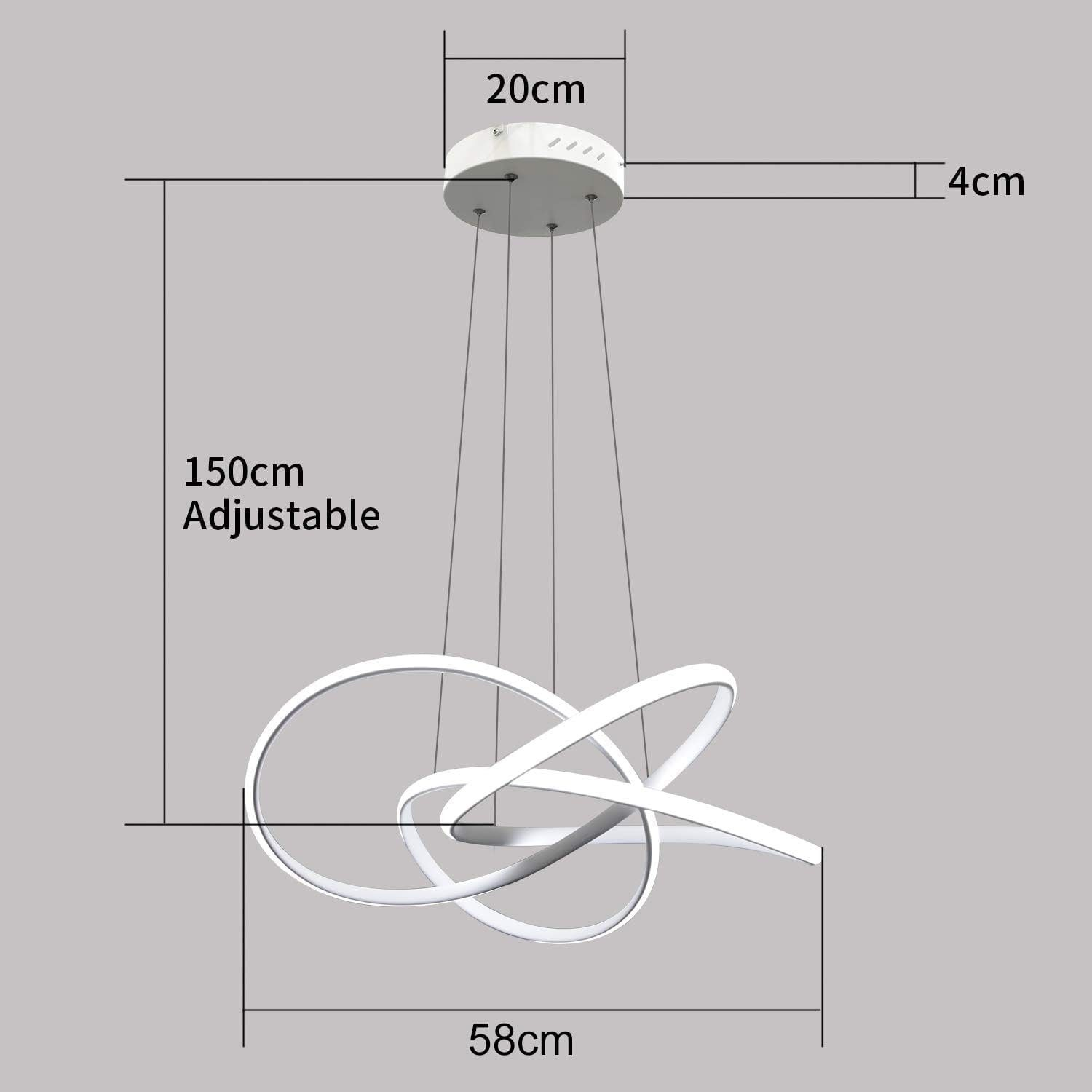 Biała, nowoczesna lampa wisząca z wymiarami: 20 cm, 4 cm, 150 cm i 58 cm.