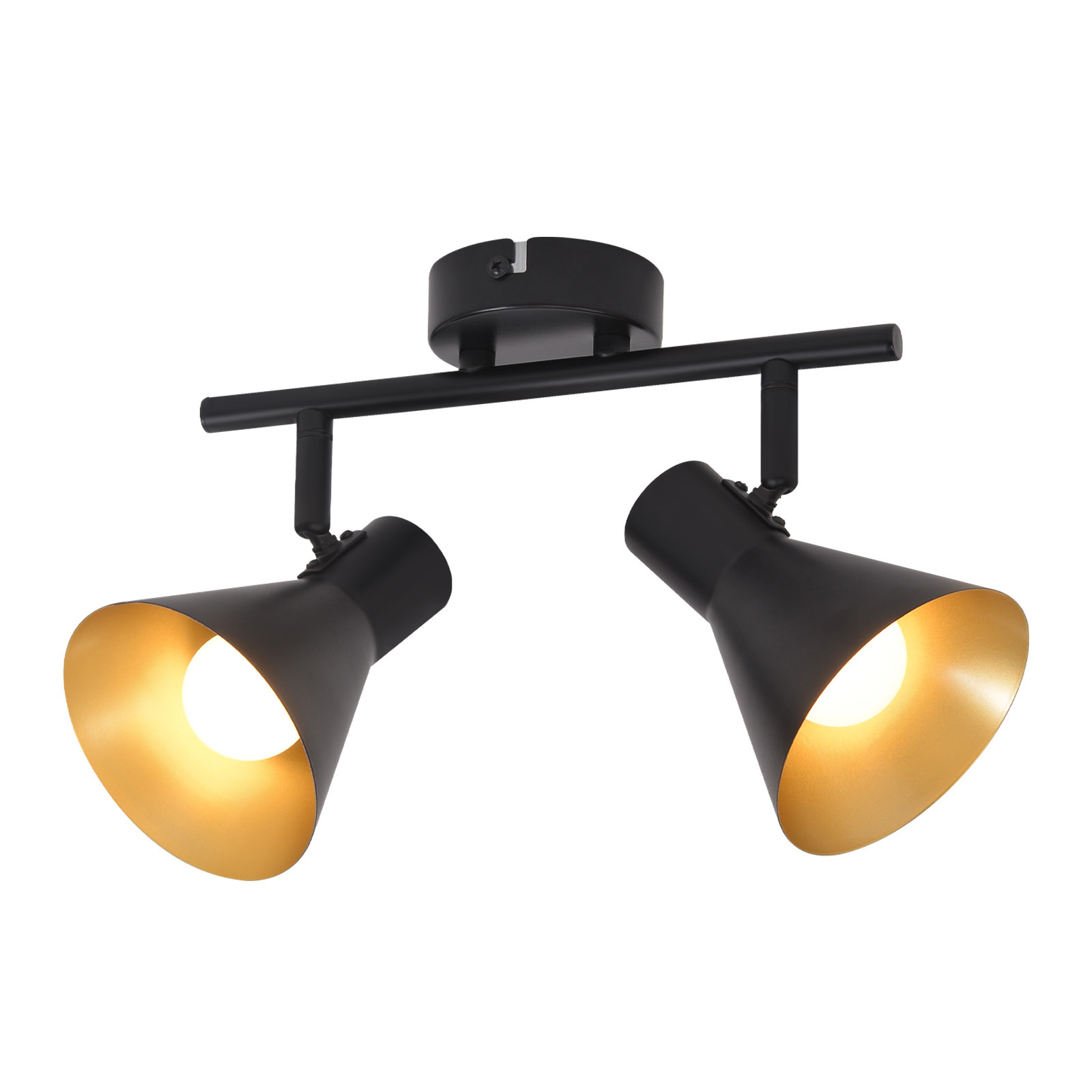 Czarna oprawa oświetleniowa z dwoma reflektorami ze złotymi obwódkami na białym tle.