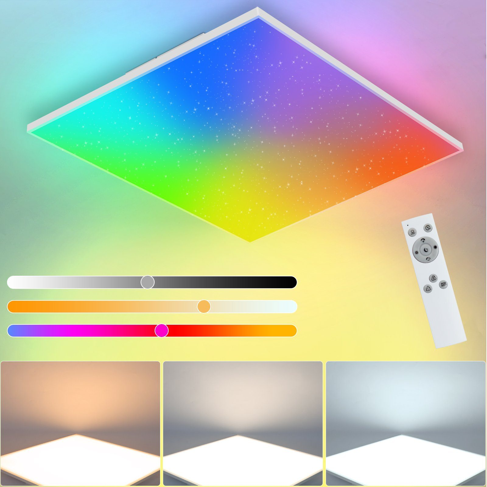 Kwadratowa lampa sufitowa LED z efektem tęczy i pilotem.