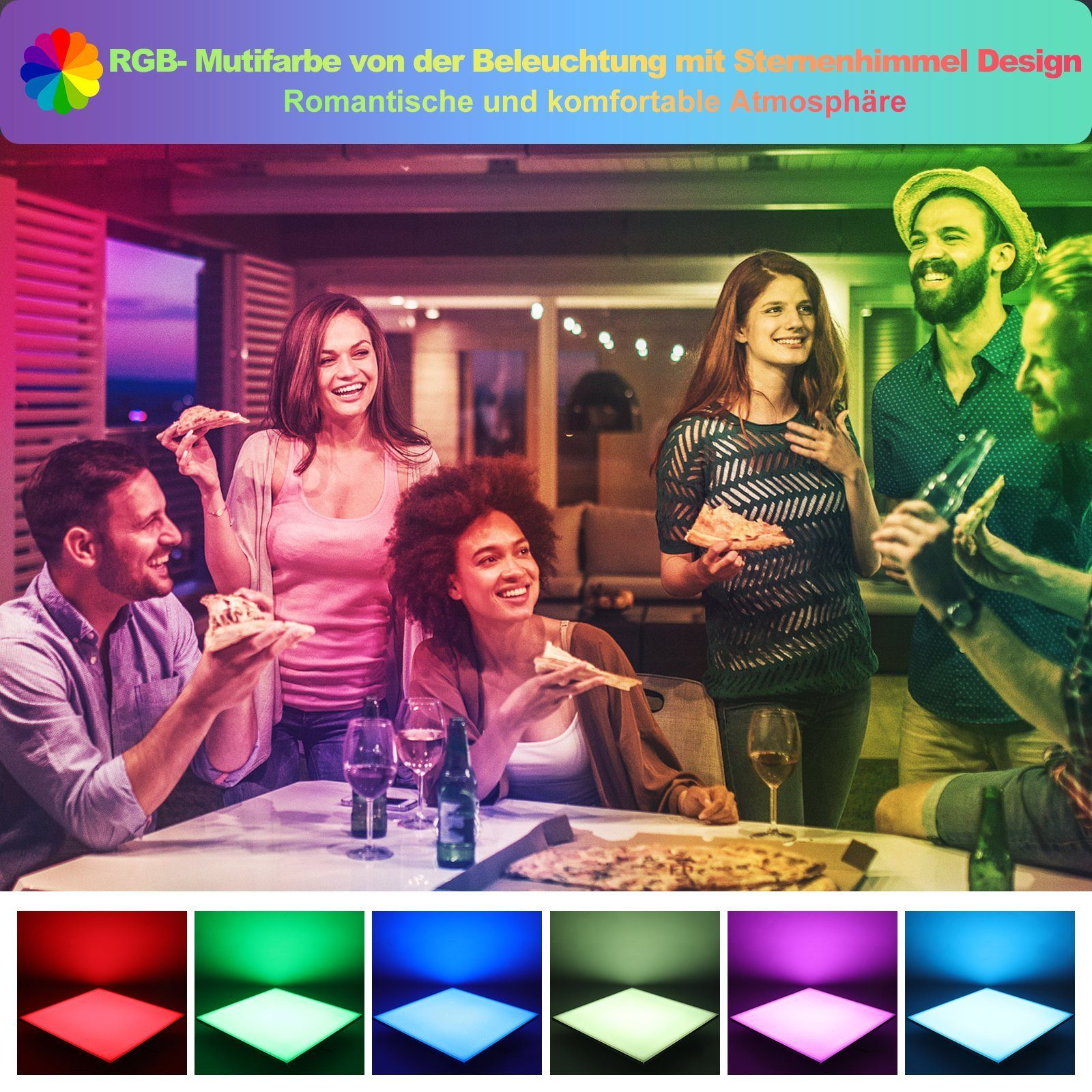 Grupa osób na imprezie z kolorowymi światłami. Pizza i napoje widoczne. Świąteczna atmosfera.