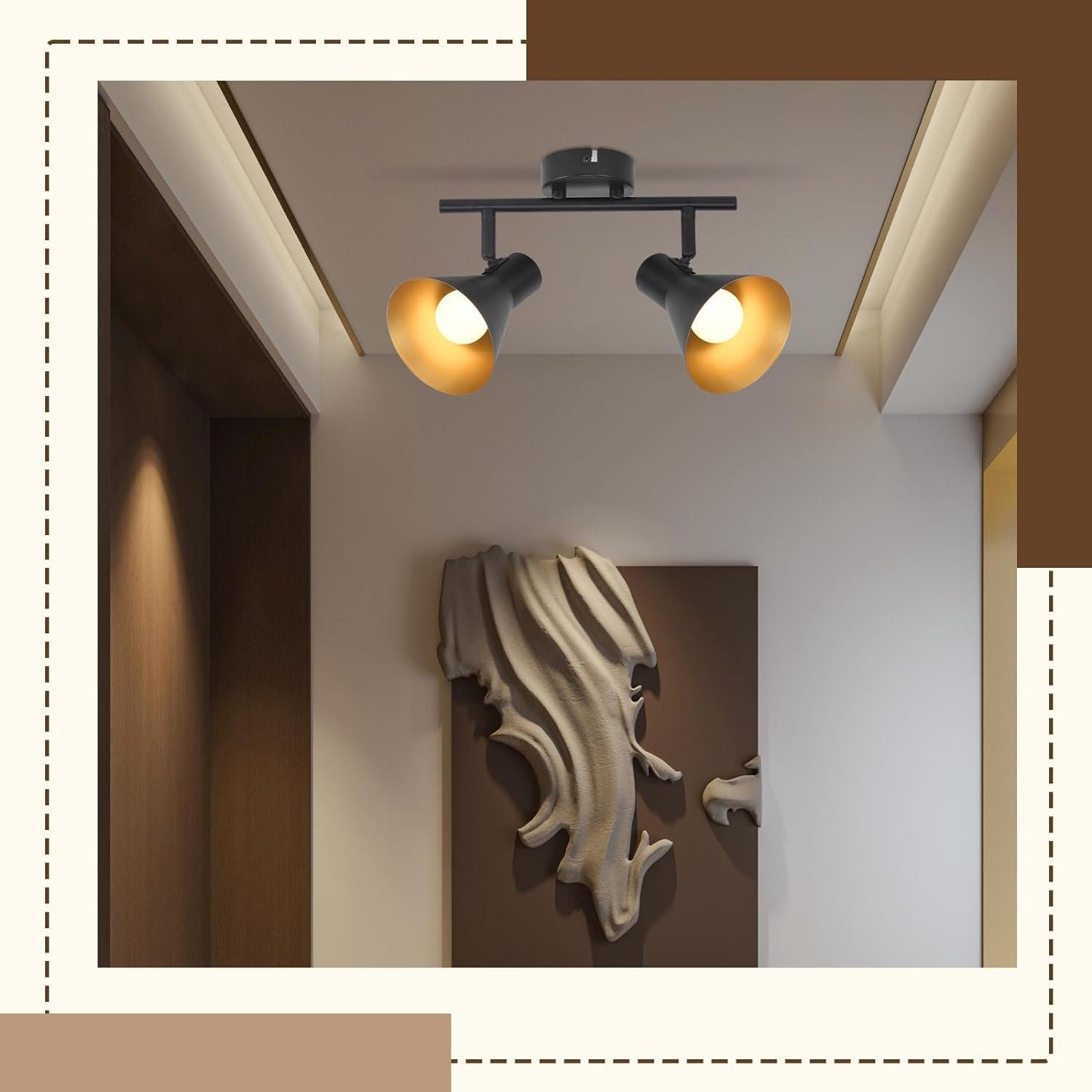 Dwa reflektory ze złotymi wnętrzami na suficie, w nowoczesnym pokoju.