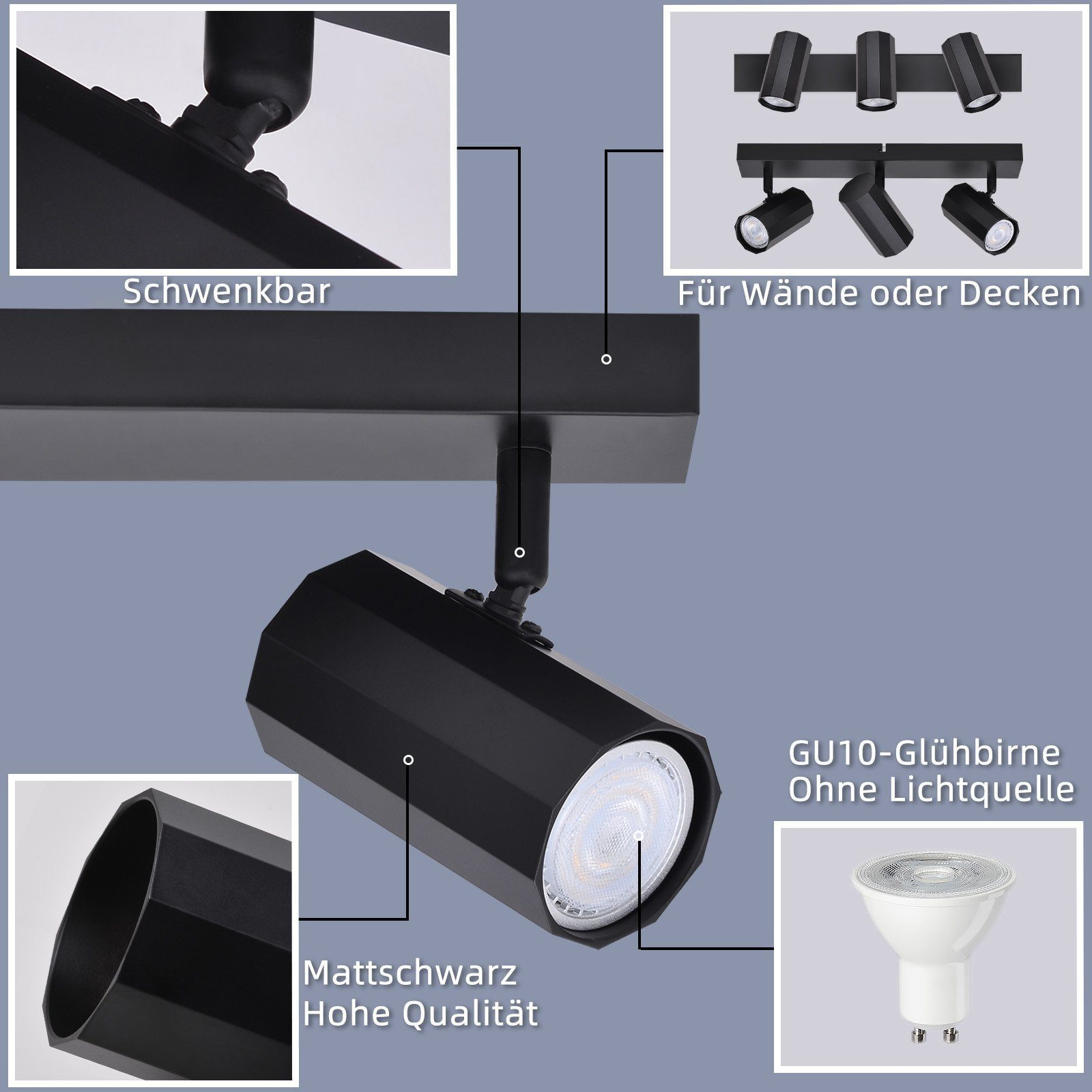 Szczegóły czarnego reflektora z regulowaną głowicą i częściami opisanymi po niemiecku.