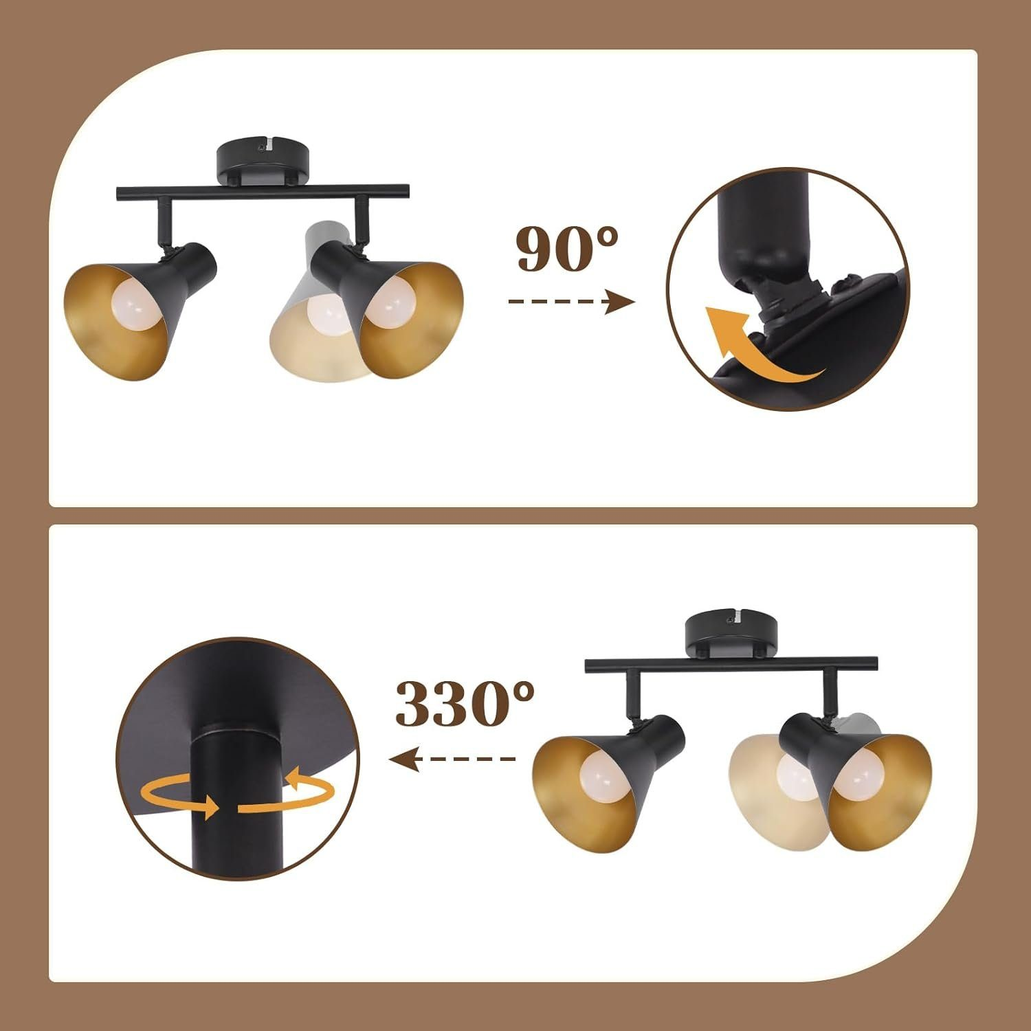Schemat reflektorów pokazujący kąty regulacji 90° i 330°, z czarnymi i złotymi oprawami.