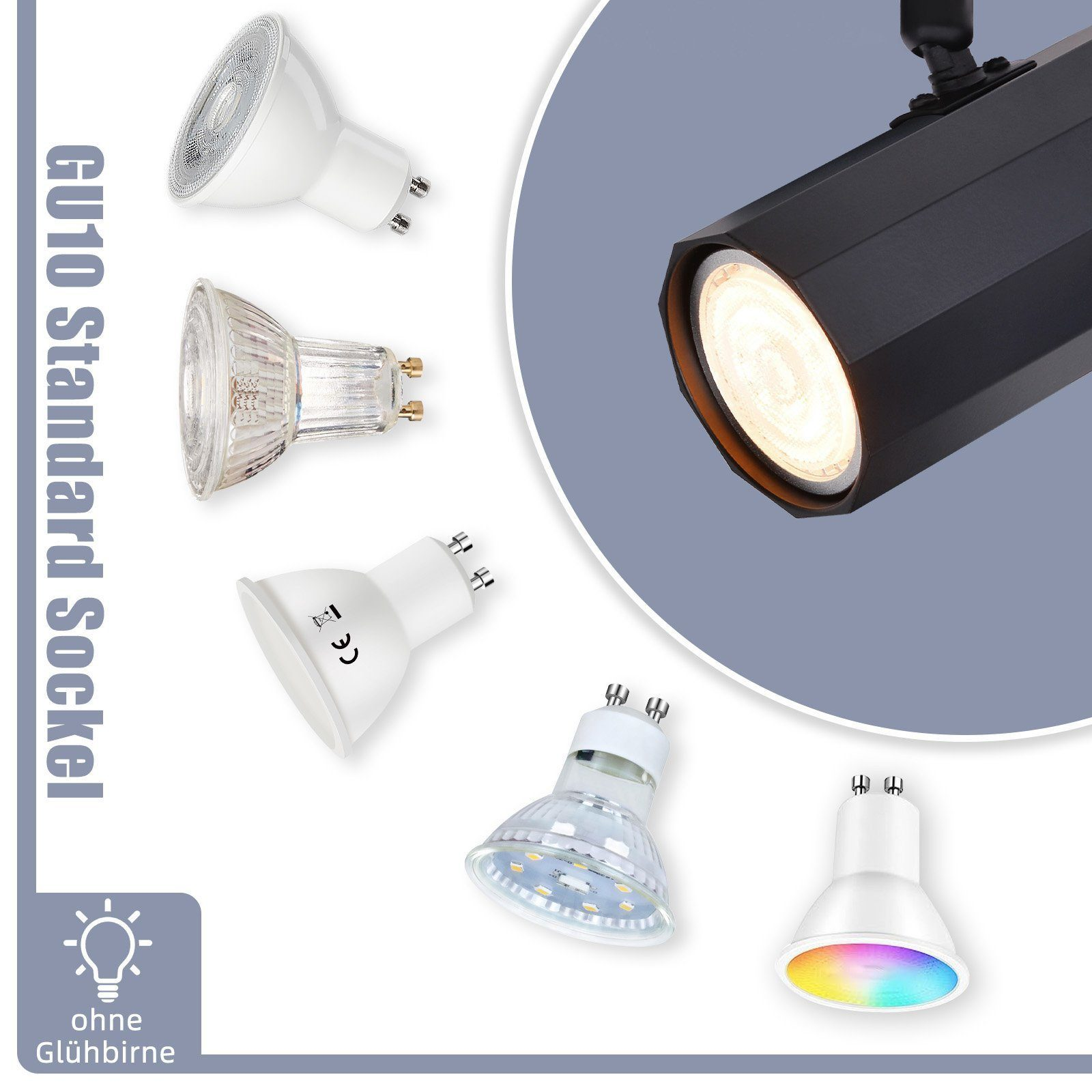 Zbliżenie na światła gniazd standardowych GU10. Pokazano różne rodzaje żarówek. Jeden czarny reflektor jest zapalony.