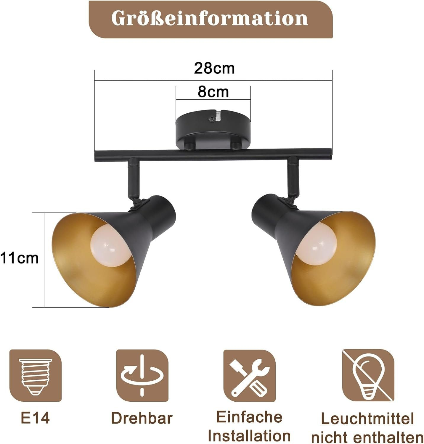Czarne reflektory ze złotym wnętrzem, wymiary i ikony dla E14, obrotowe, łatwa instalacja.