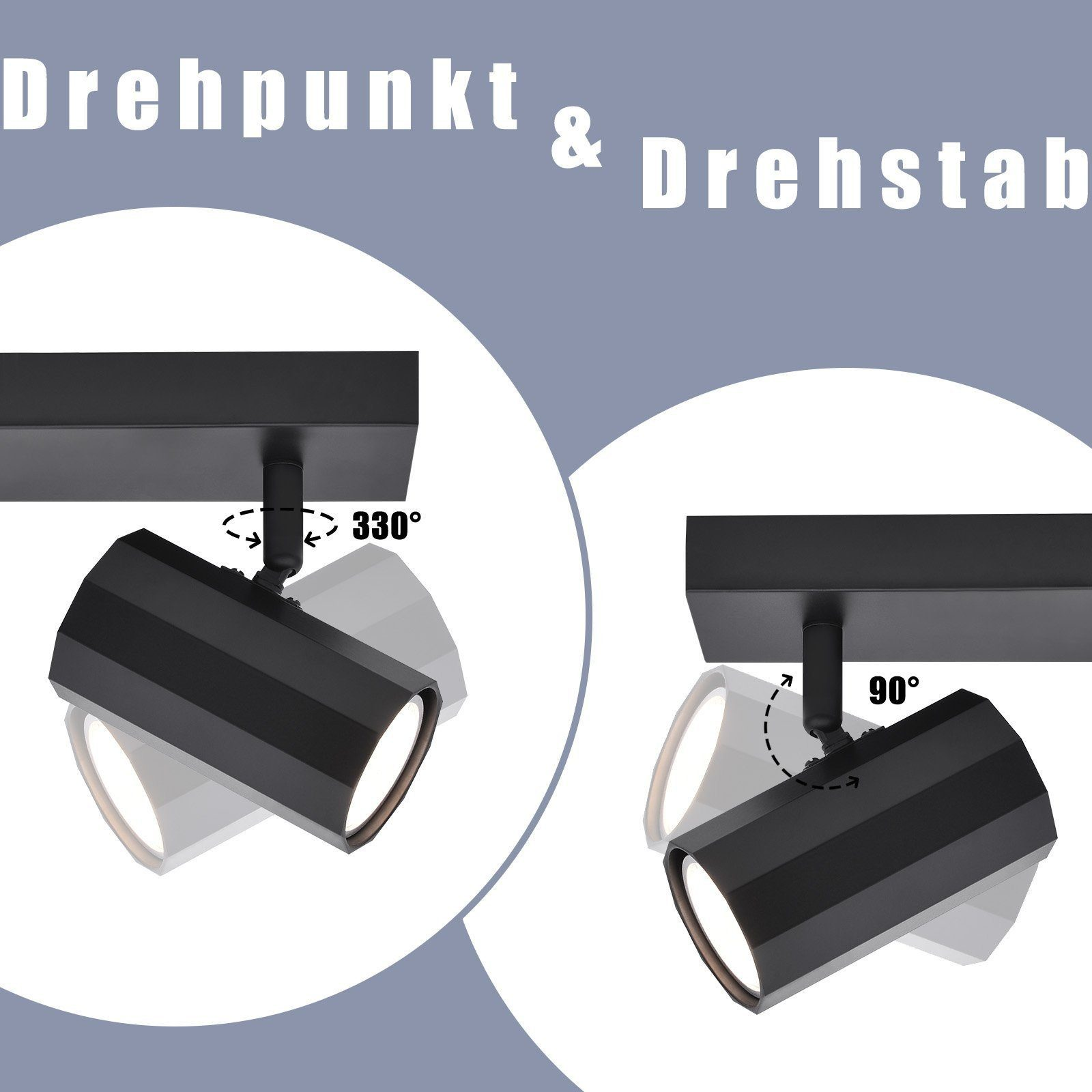 Dwa reflektory, czarne, regulowane. Jeden pod kątem 330°, drugi 90°, ze świecącym światłem.