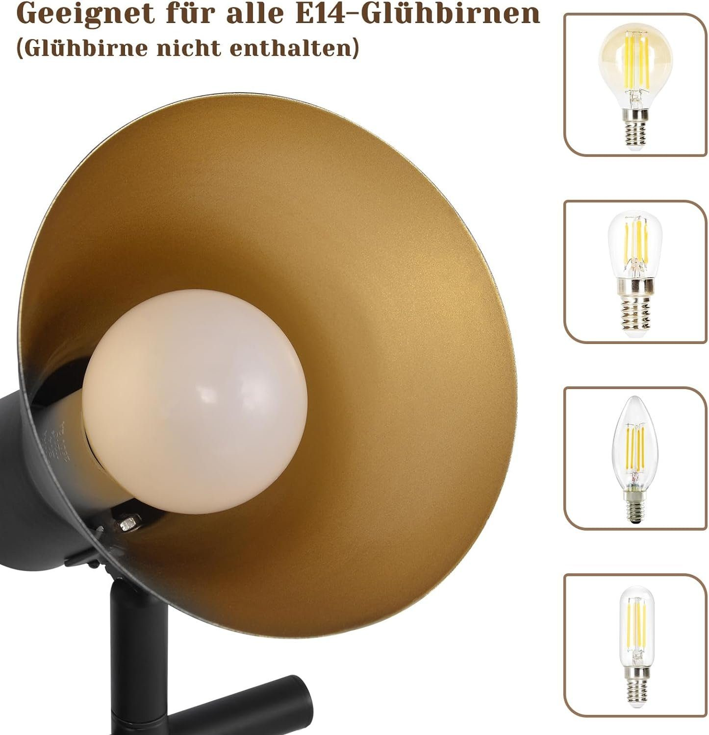 Zbliżenie lampy ze złotym kloszem i białą żarówką. Po prawej stronie pokazano różne rodzaje żarówek.