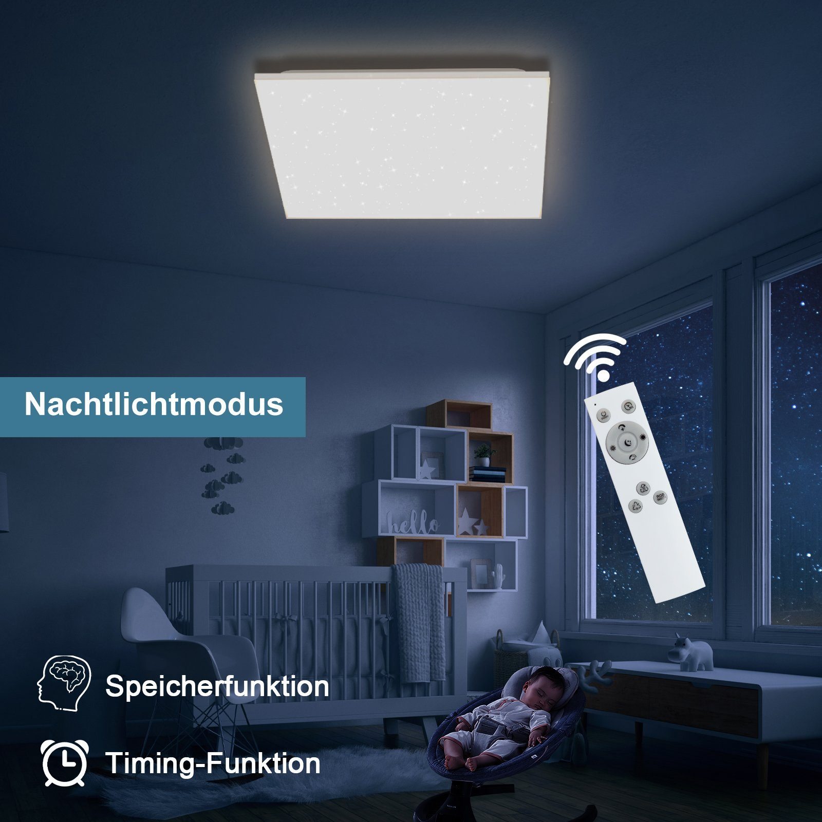 Pokój dziecka z lampą sufitową. Światło jest kwadratowe. Jest kołyska i pilot.