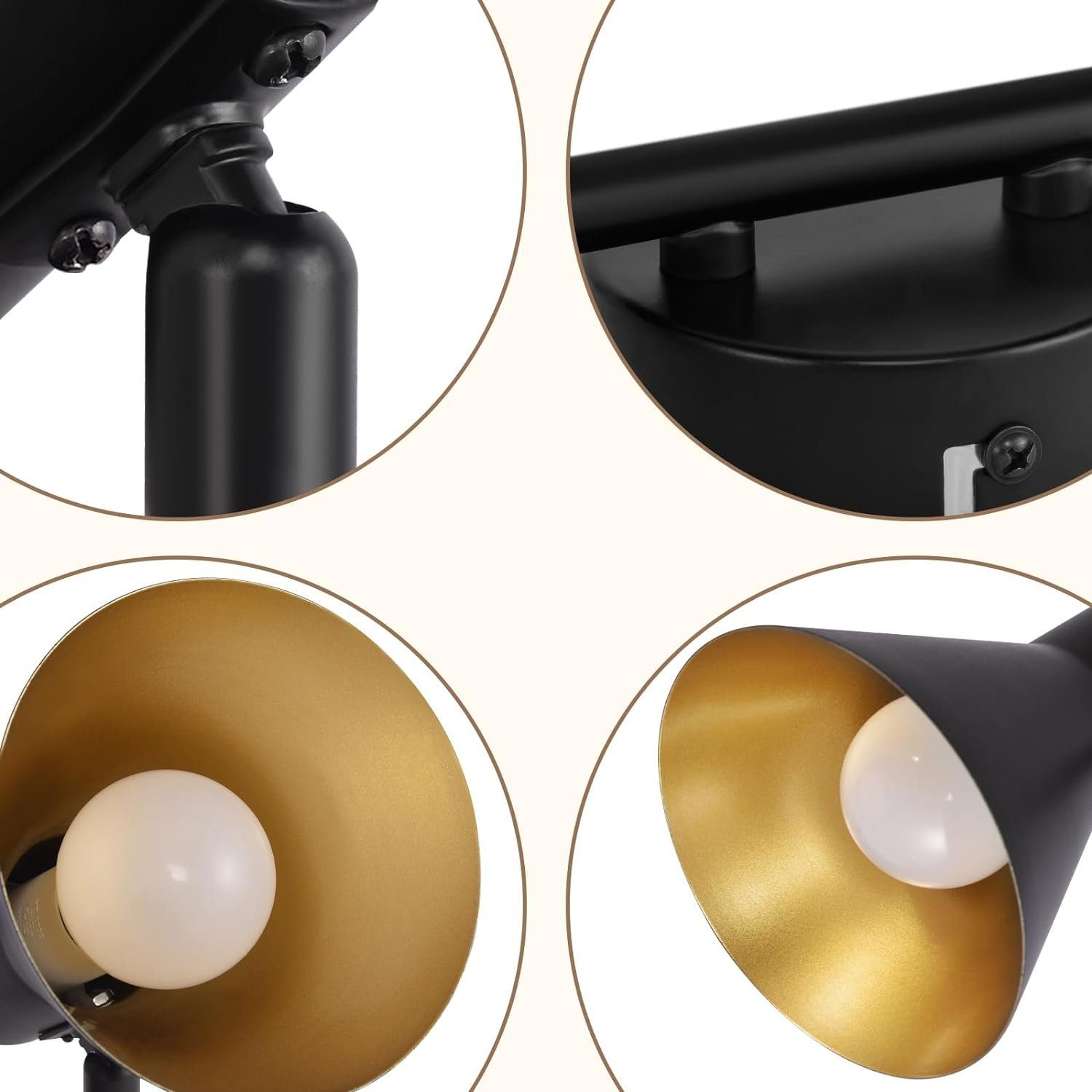 Zbliżenie czarnych i złotych świateł z żarówką Edisona. Cztery obrazy różnych części światła.