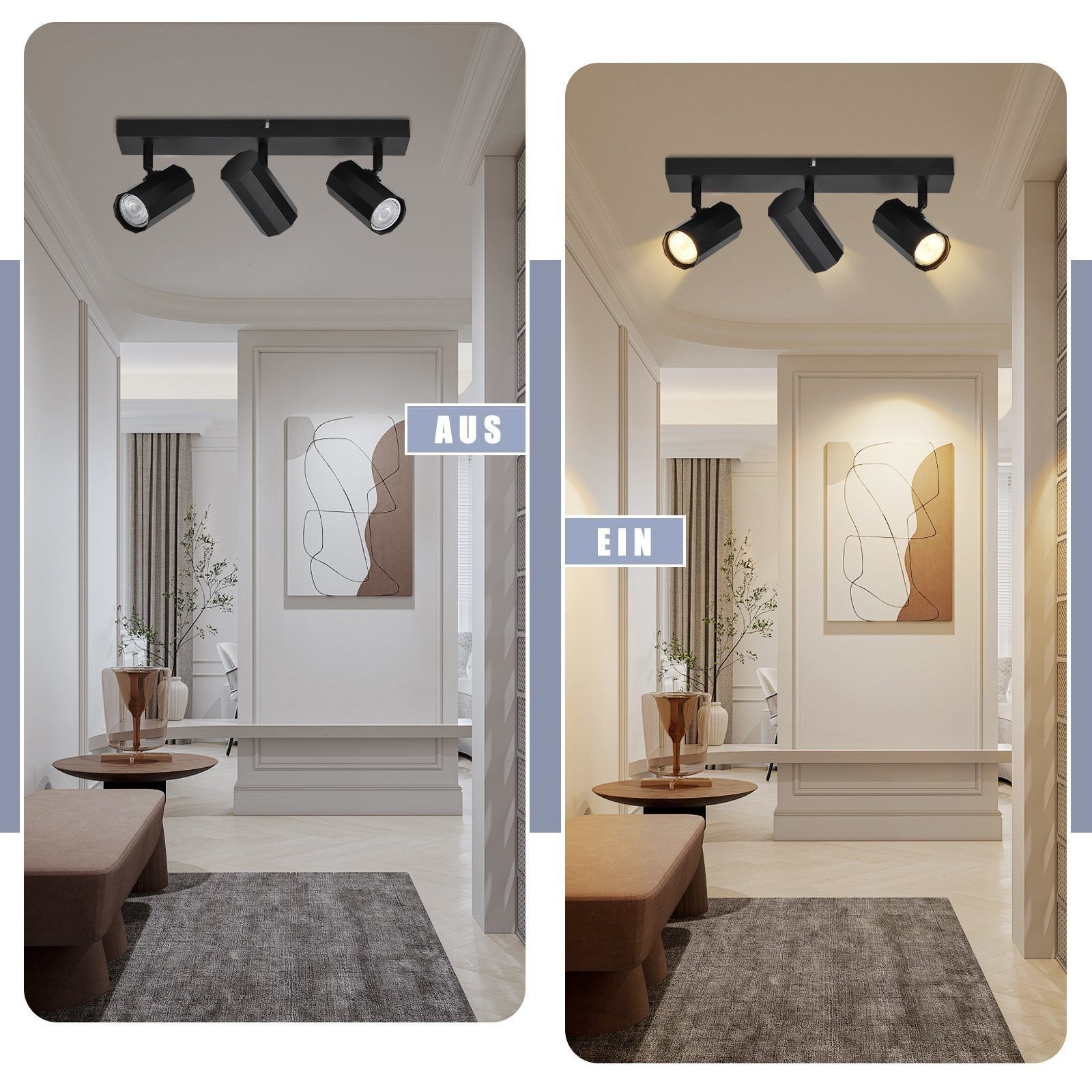 Dwa obrazy: korytarz z włączonymi i wyłączonymi reflektorami, pokazujący obraz i dekoracje.