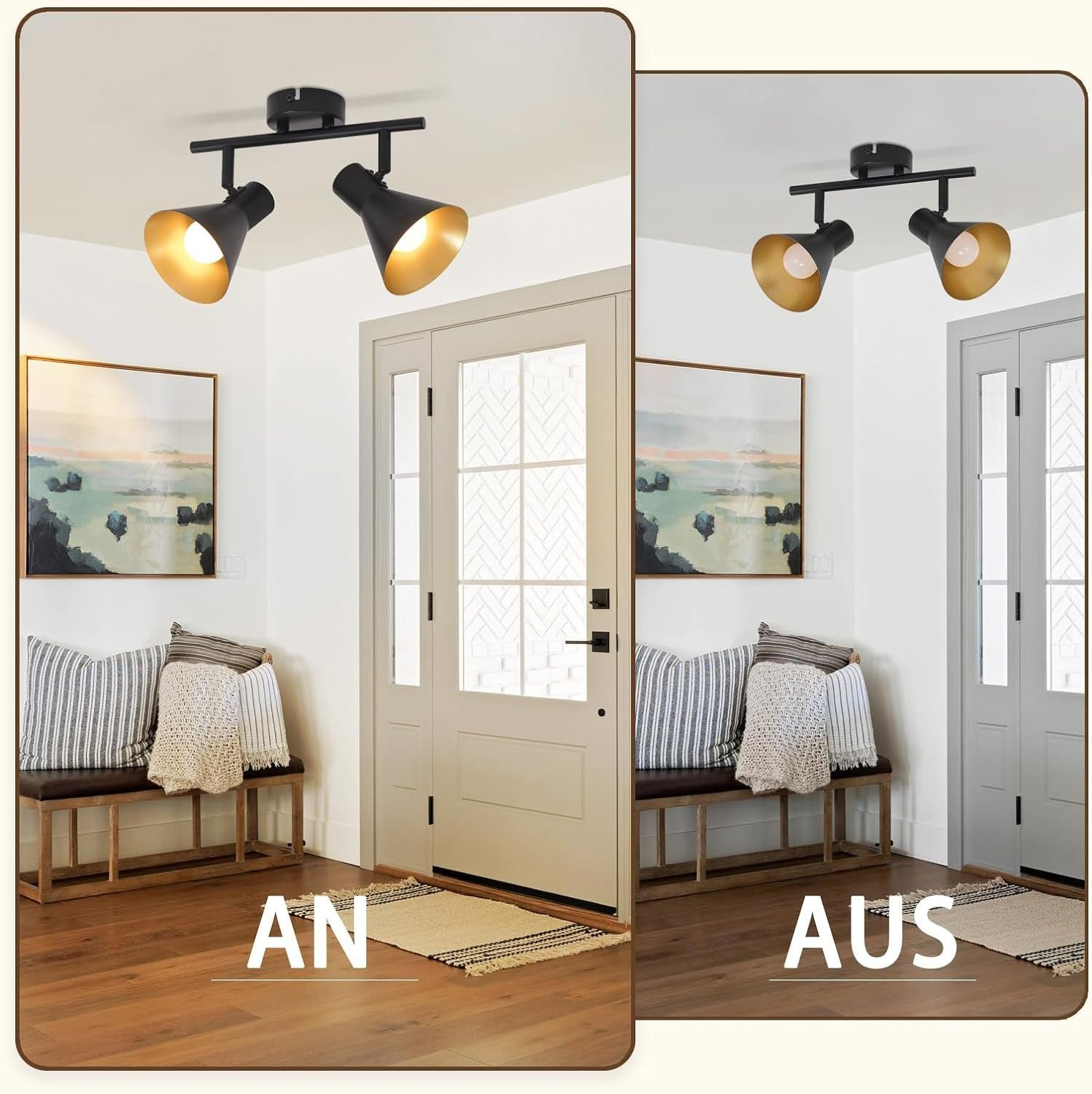 Korytarz z dwoma reflektorami sufitowymi. Na jednym zdjęciu światła są wyłączone, na drugim włączone, oświetlając przestrzeń.