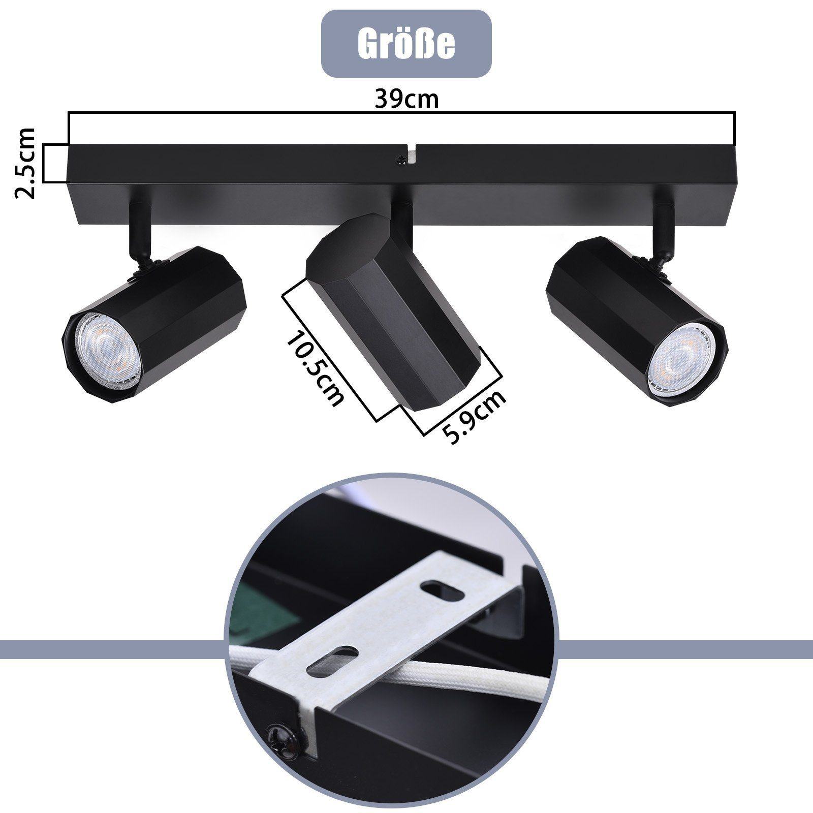 Czarne reflektory. Wymiary są pokazane. Widoczny jest wspornik reflektora.