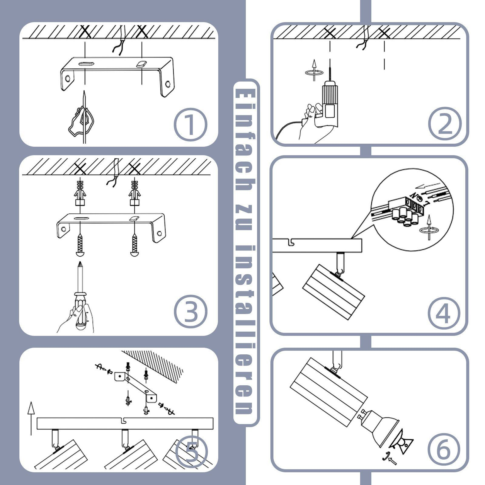 Sześciostopniowy schemat instalacji lampy sufitowej. Zawiera kroki montażu i podłączania.