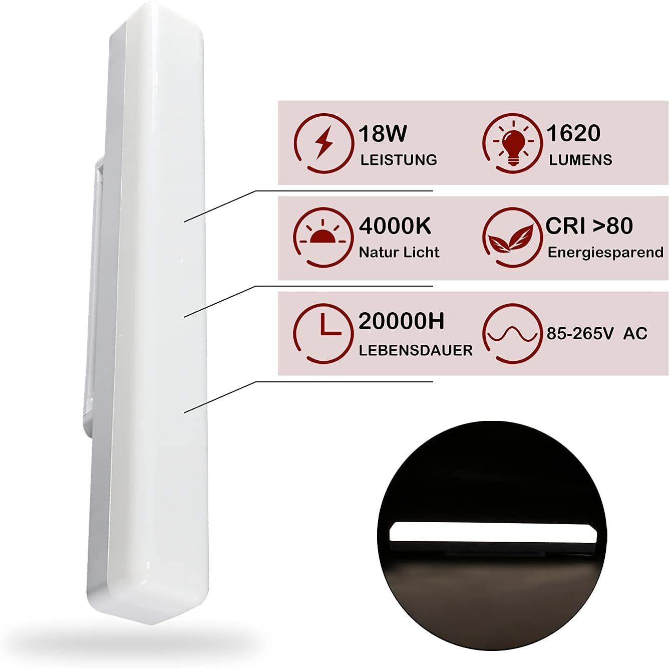 Biała, prostokątna oprawa LED ze specyfikacjami technicznymi. Ma moc 18W.