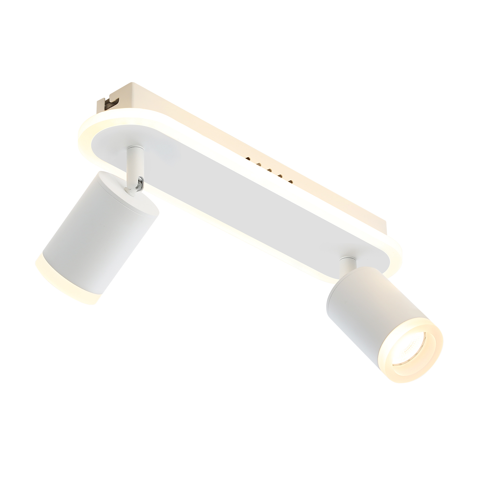 Dwa białe reflektory z białym drążkiem i prostokątnym światłem, wszystko na białej powierzchni.