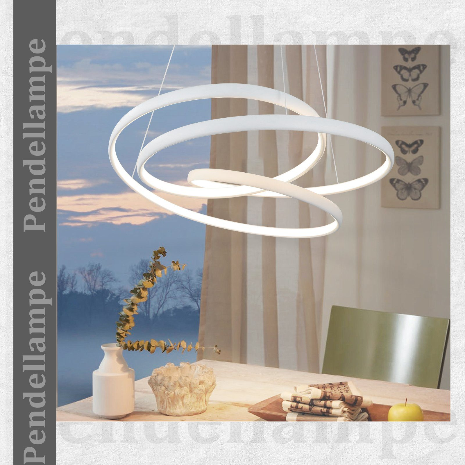 Biała, nowoczesna lampa wisząca z abstrakcyjnym wzorem nad stołem jadalnym. Scena zawiera wazon i nakrycie.