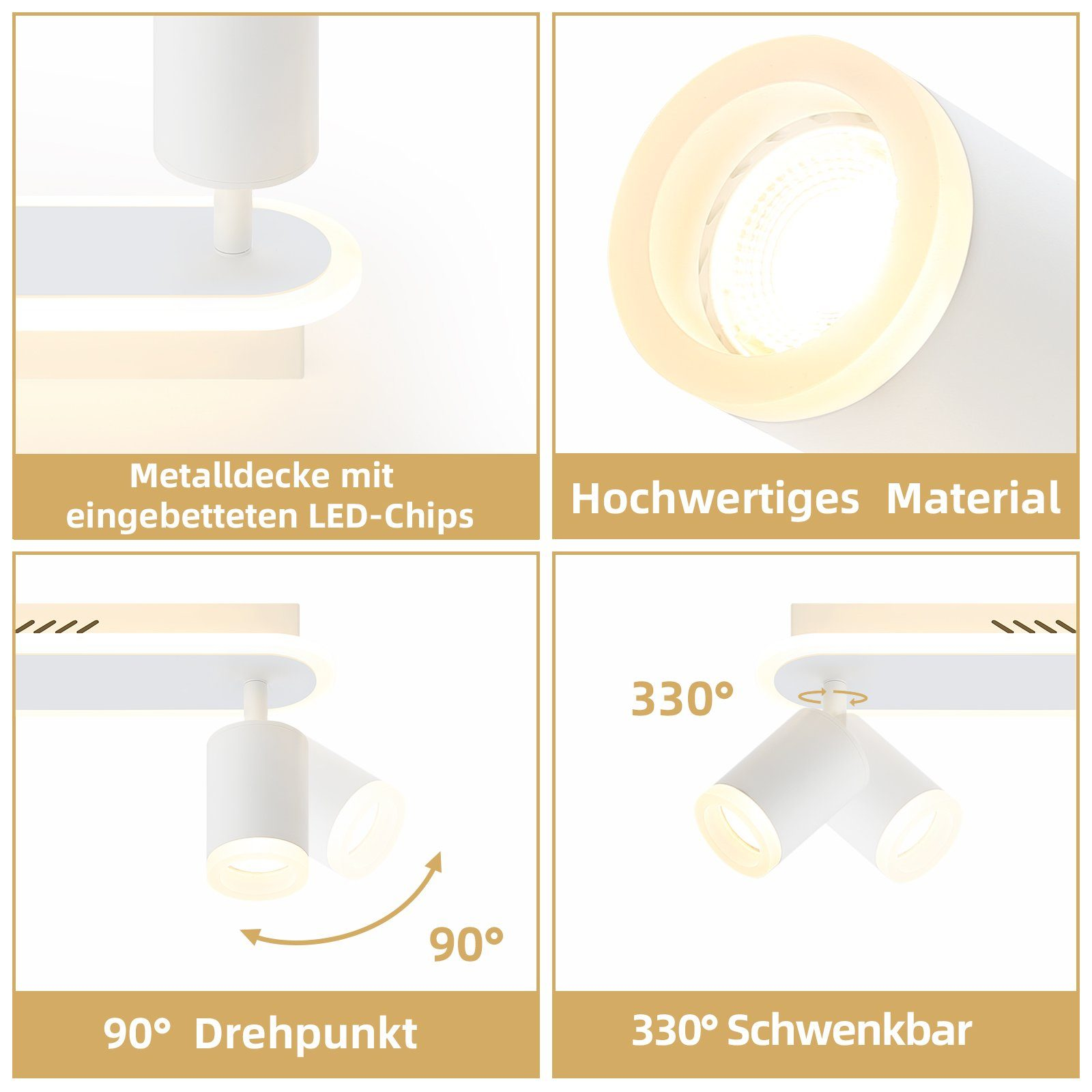 Zbliżenie białej lampy sufitowej LED z wieloma widokami i etykietami.