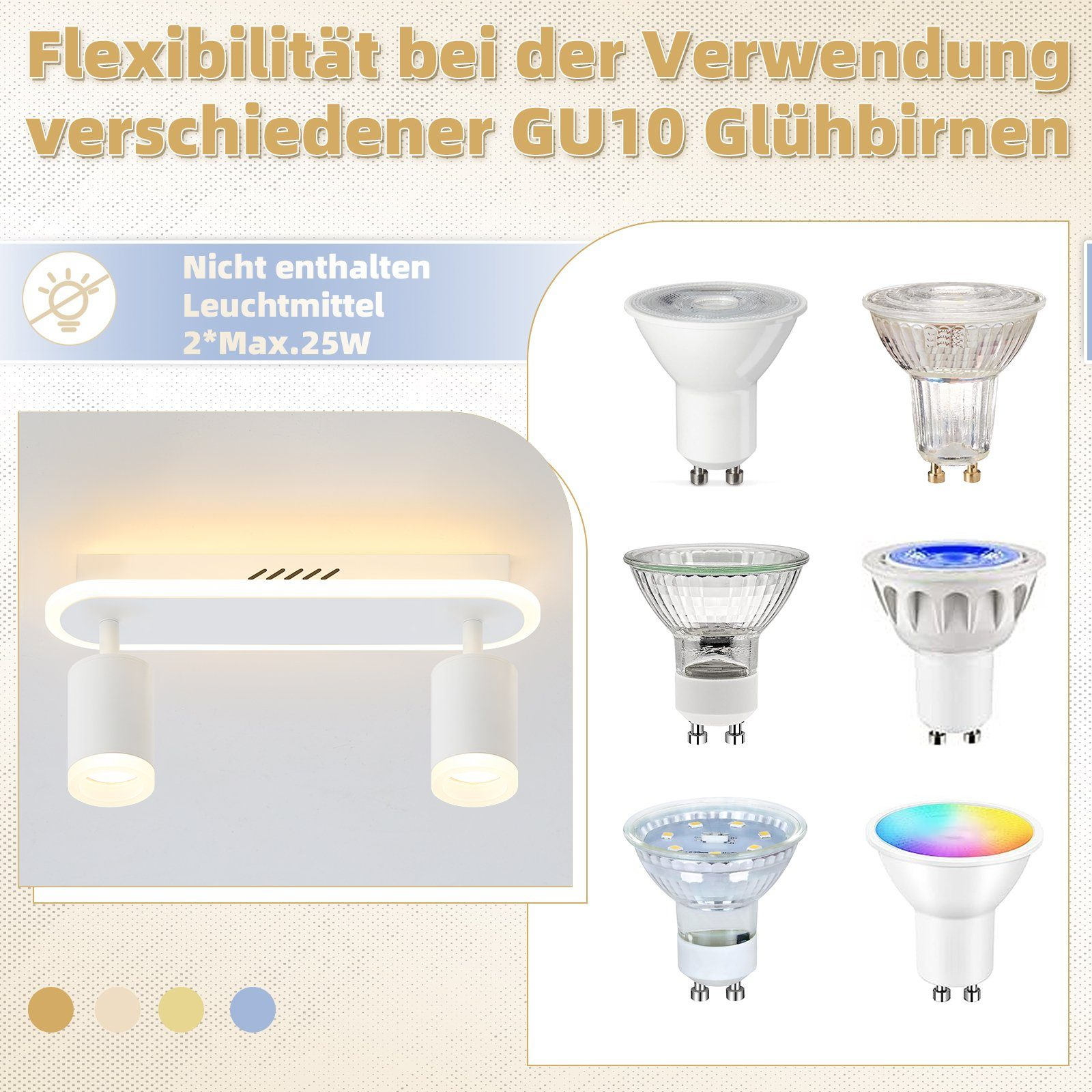 Oprawa oświetleniowa z różnymi typami żarówek GU10. Żarówki są białe, przezroczyste i kolorowe.
