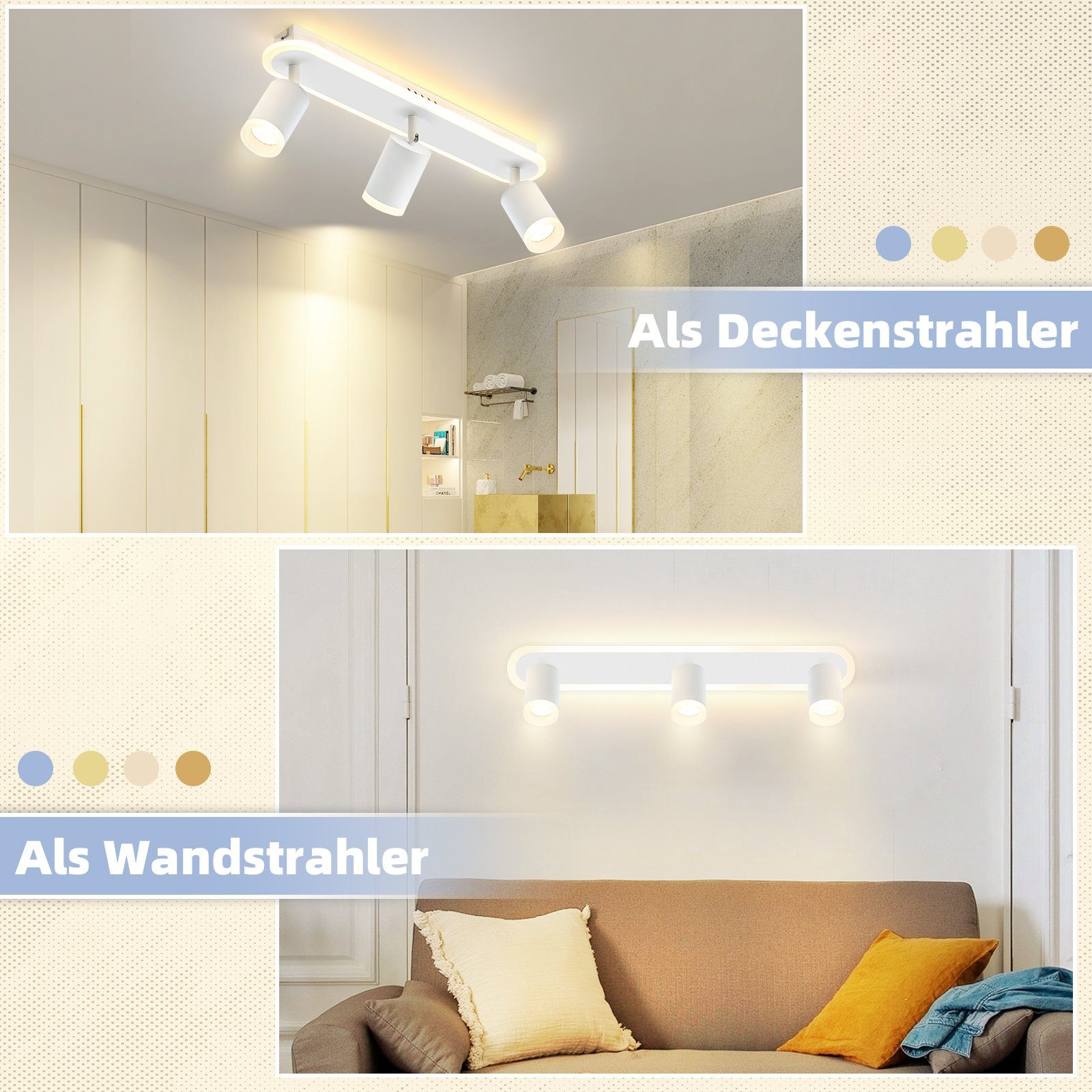 Dwa obrazy reflektorów sufitowych i ściennych. Tekst w języku niemieckim wskazuje na montaż sufitowy i ścienny.