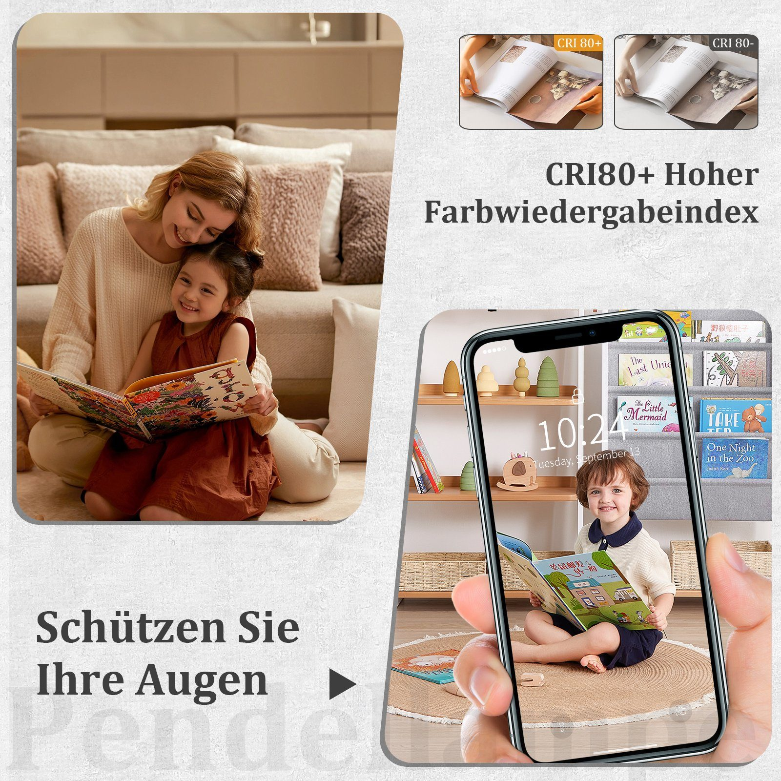 Kobieta i dziewczynka czytają książkę, a telefon pokazuje dziecko czytające książkę z napisem 'Chroń swoje oczy'.