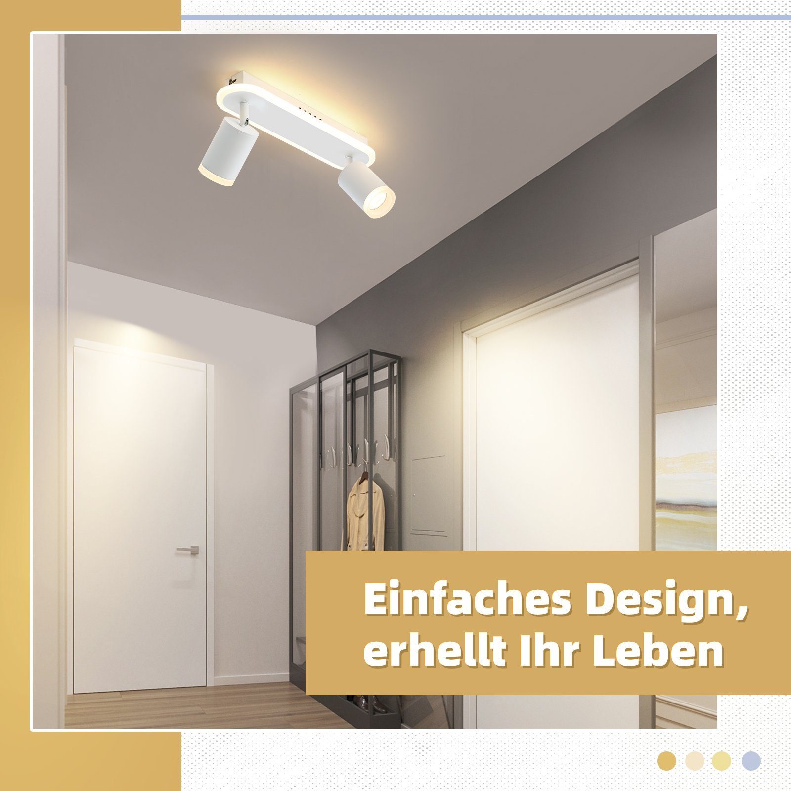 Korytarz z białymi ścianami, oprawą oświetleniową i wieszakiem na ubrania. Nakładka tekstowa w kolorze żółtym: Prosty design, rozjaśnia życie.