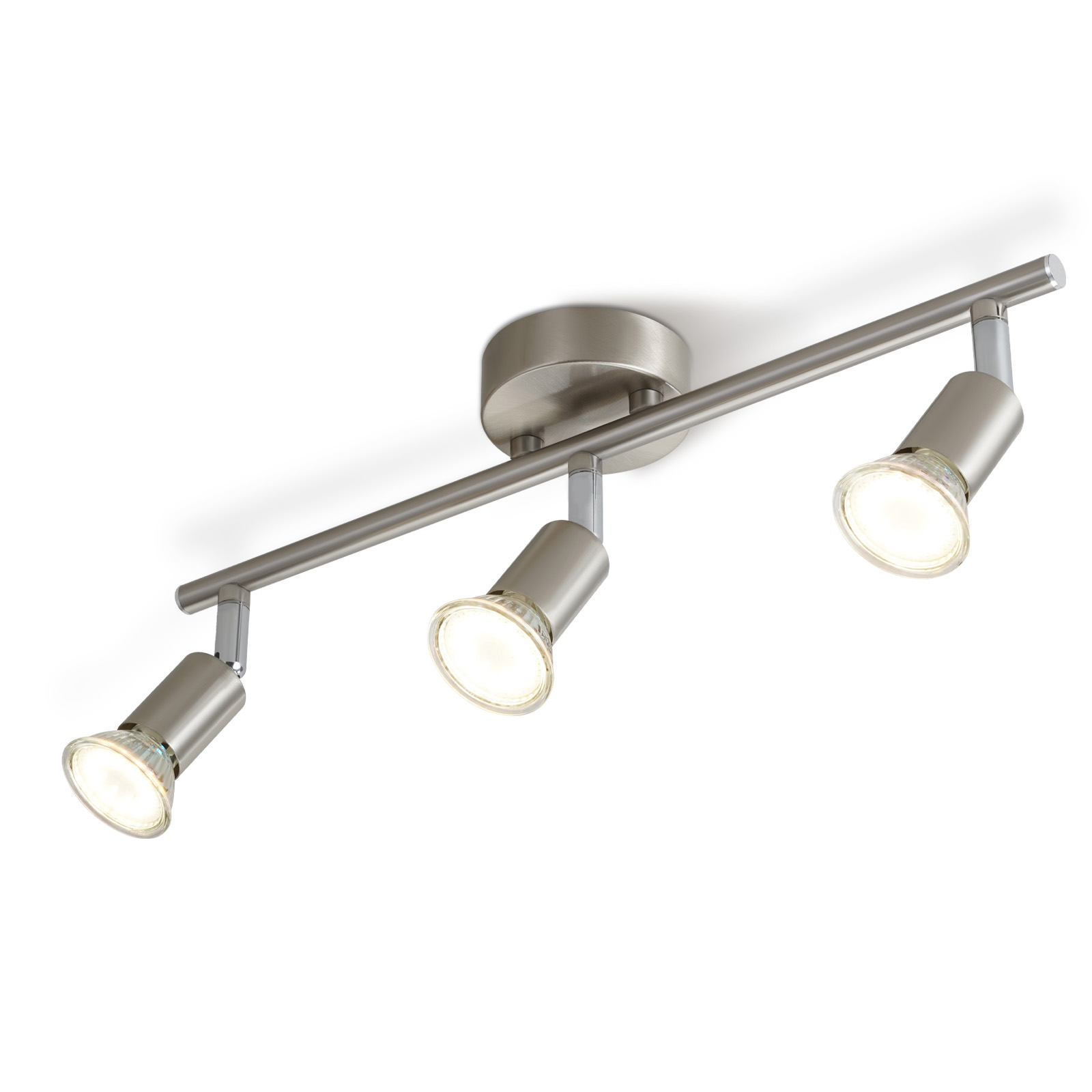 Trzy srebrne reflektory zamontowane na szynie, skierowane w dół, na białym tle.