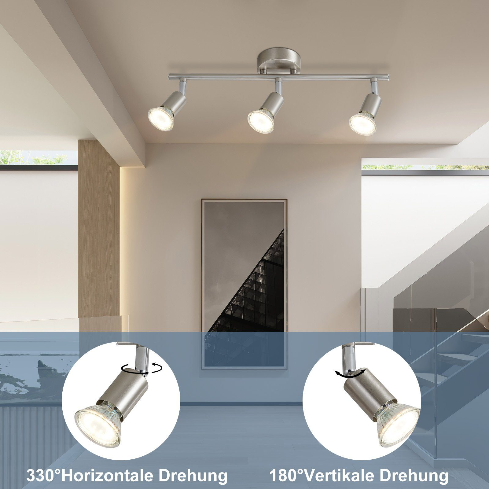 Srebrne oświetlenie szynowe z trzema regulowanymi reflektorami, w nowoczesnym wnętrzu.