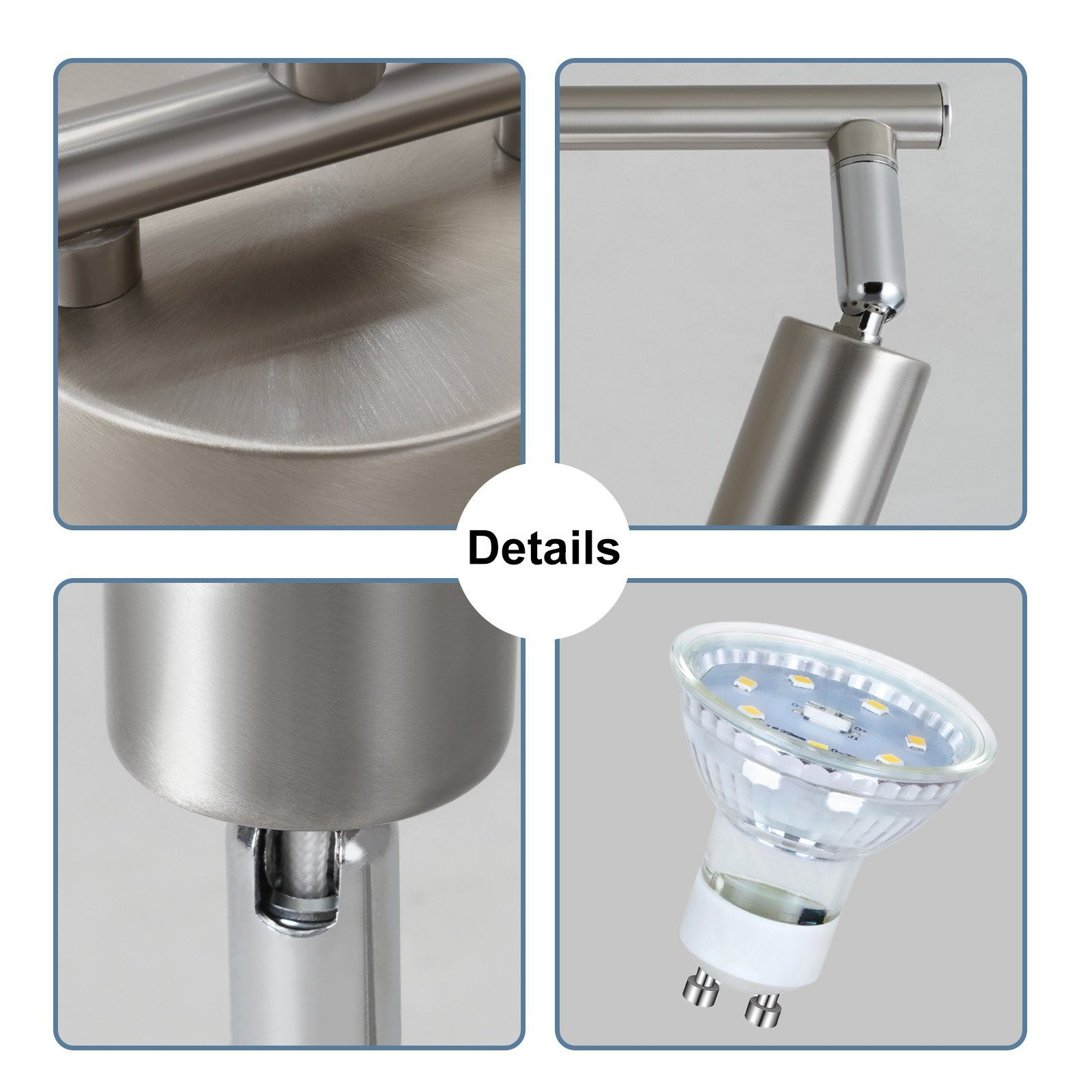 Zbliżenia nowoczesnego, metalowego reflektora, pokazujące głowicę lampy i żarówkę LED.