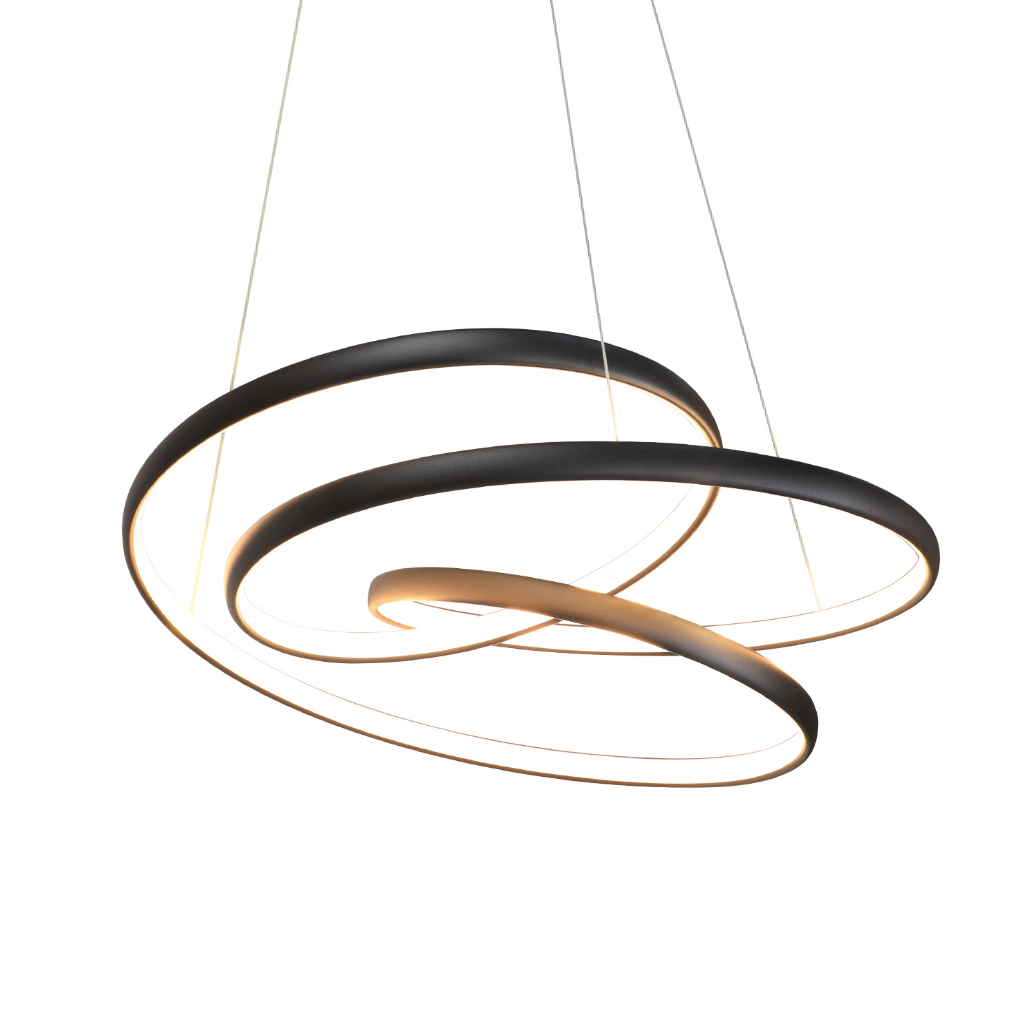 Czarna, wisząca lampa w kształcie spirali na białym tle.