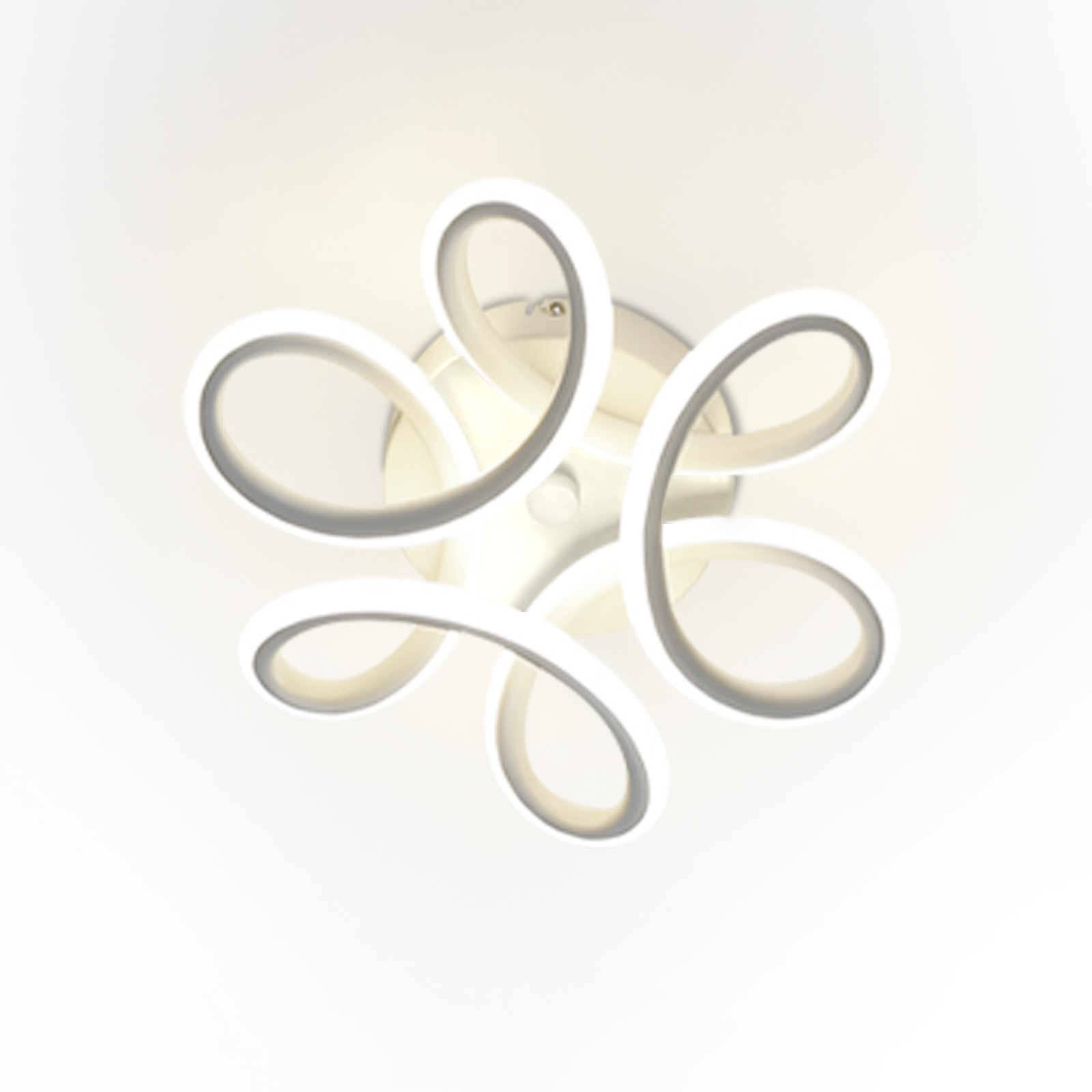 Biała oprawa sufitowa z wirującym wzorem, białe tło, widok z góry.